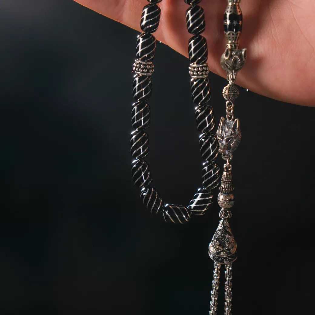 İmame Nakkaşlı Gümüş İşlemeli Erzurum Oltu Taşı Tesbih