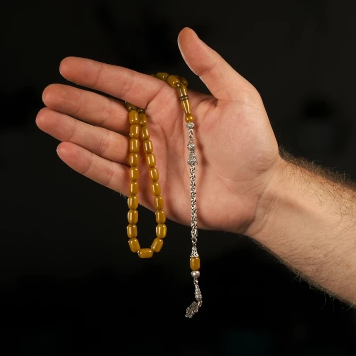 925 Ayar Gümüş Püsküllü Kapsül Kesim Sarı Sıkma Kehribar Tesbih