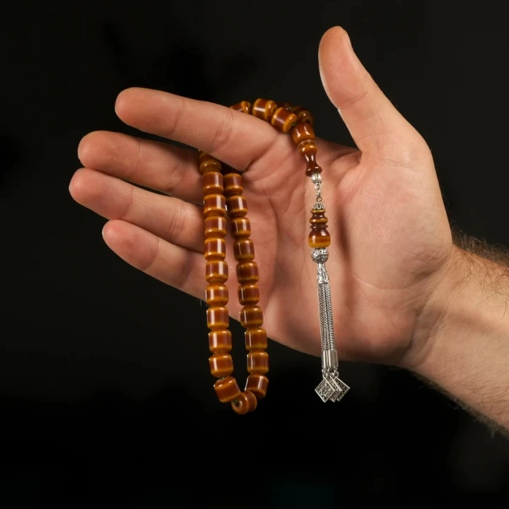 925 Ayar Gümüş Püsküllü Kapsül Kesim Sıkma Kehribar Tesbih