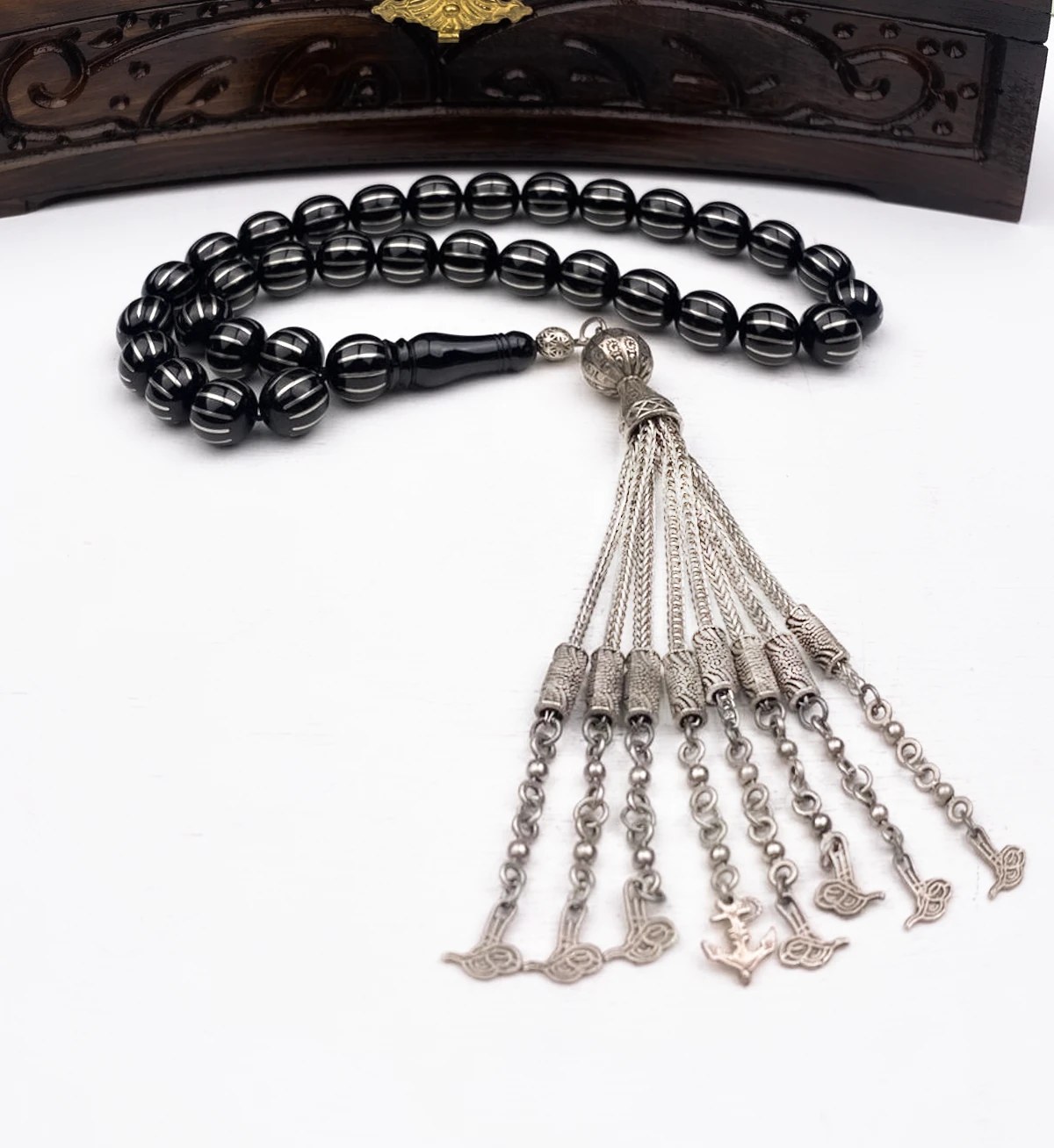 925 Ayar Gümüş Püsküllü Küre Kesim Gümüş İşlemeli Erzurum Oltu Tesbih