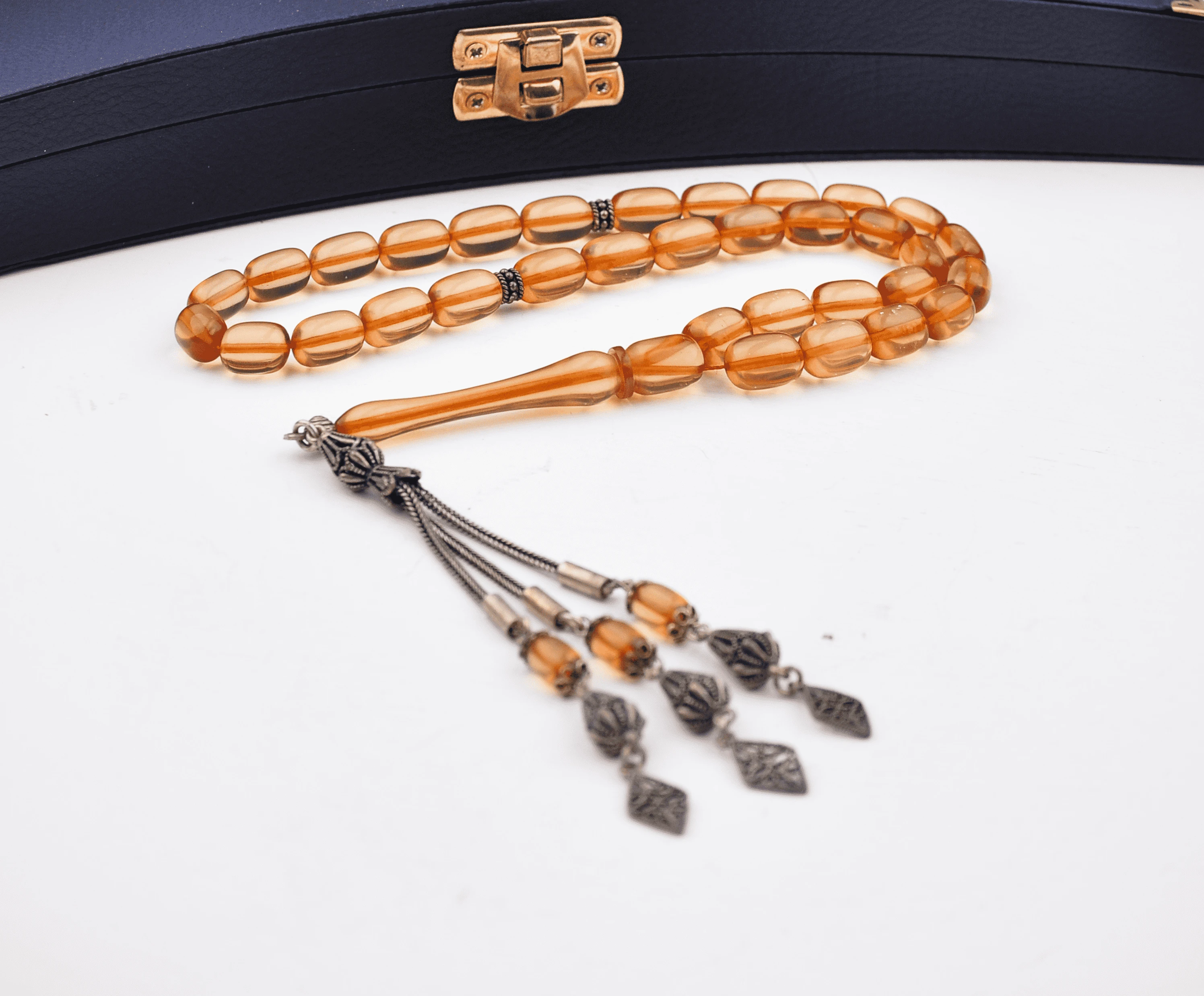 925 Ayar Gümüş Püsküllü Kapsül Kesim Ateş Kehribar Tesbih