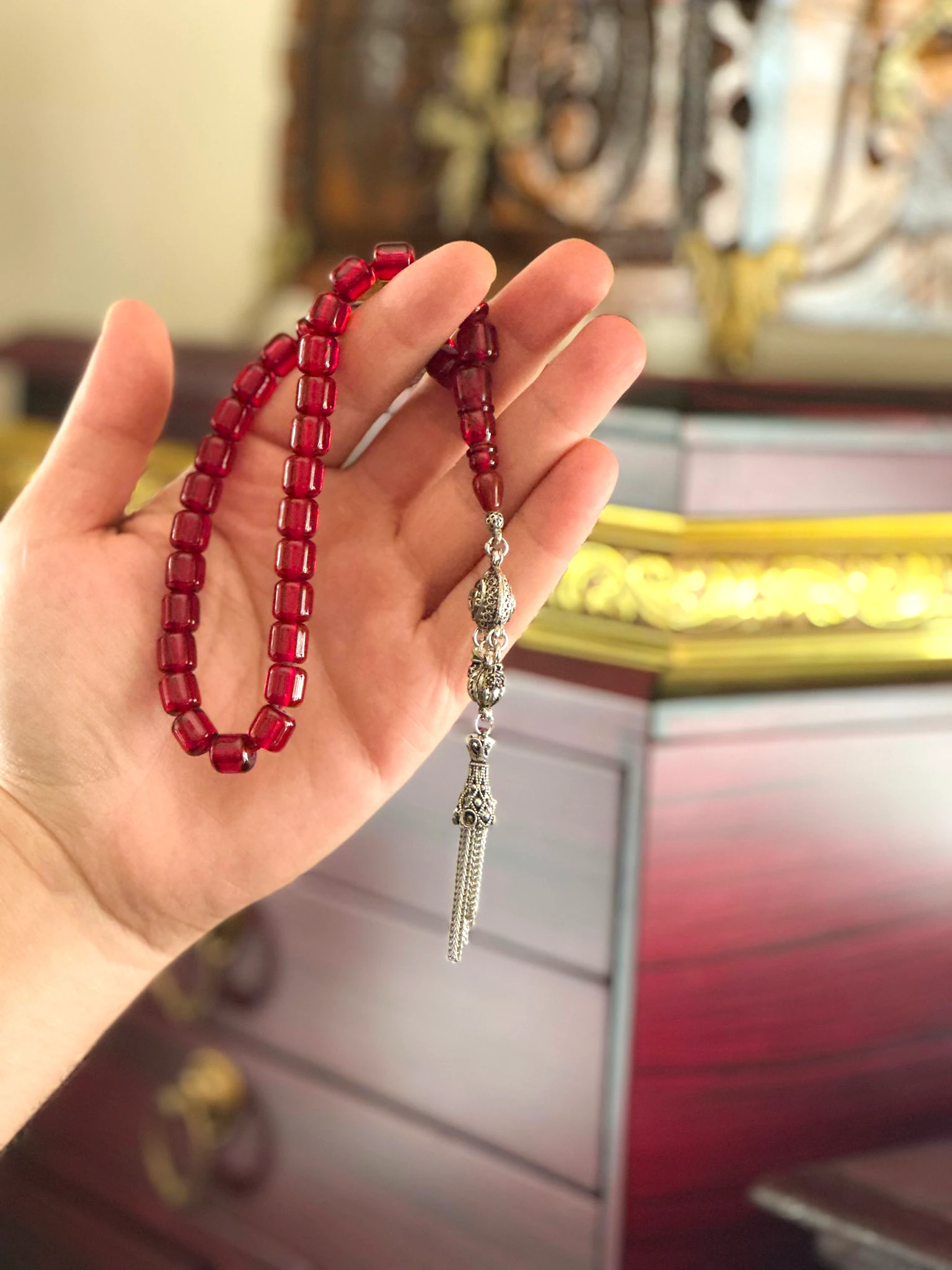 Özel Tasarım Püsküllü Kapsül Kesim Ateş Kehribar Tesbih