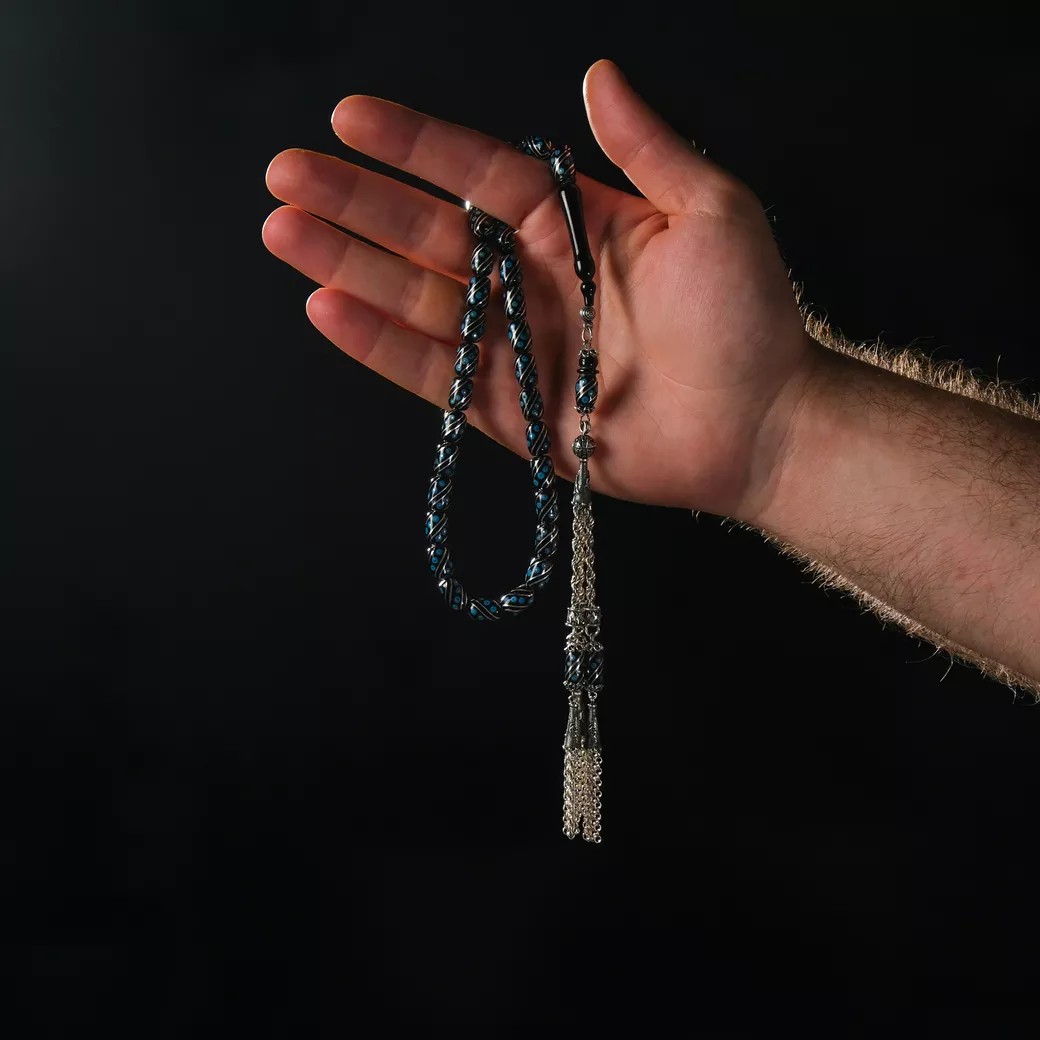 Gümüşİşlemeli Mavi Mineli Erzurum Oltu Taşı Tesbih