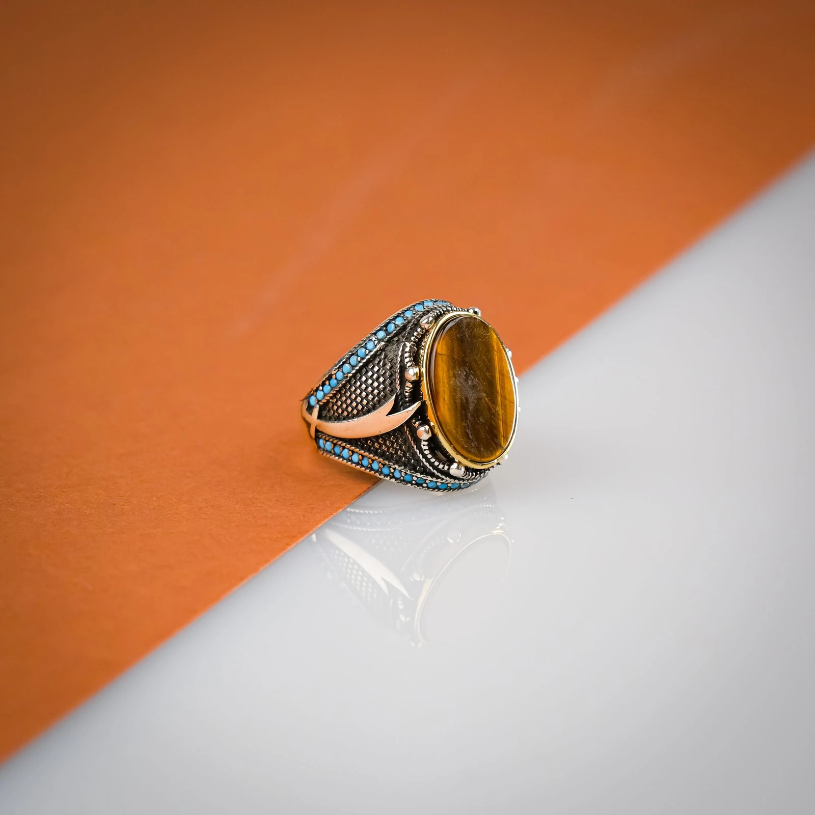 Kaplan Gözü Doğal Taşlı 925 Ayar Erkek Gümüş (Silver )Yüzük