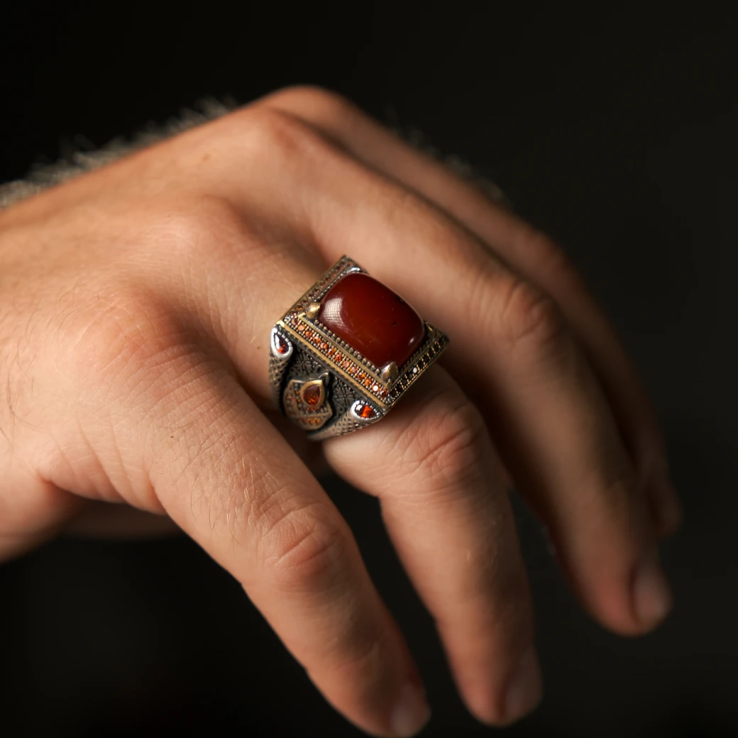 Osmanlı Kehribar Taşlı Usta İşi 925 Ayar Gümüş Yüzük