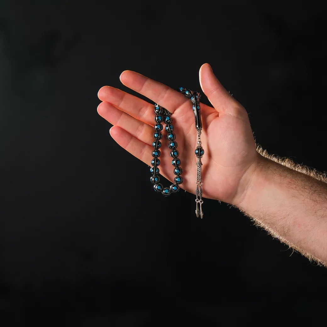 Gümüş İşlemeli Mavi Mineli Erzurum Oltu Taşı Tesbih