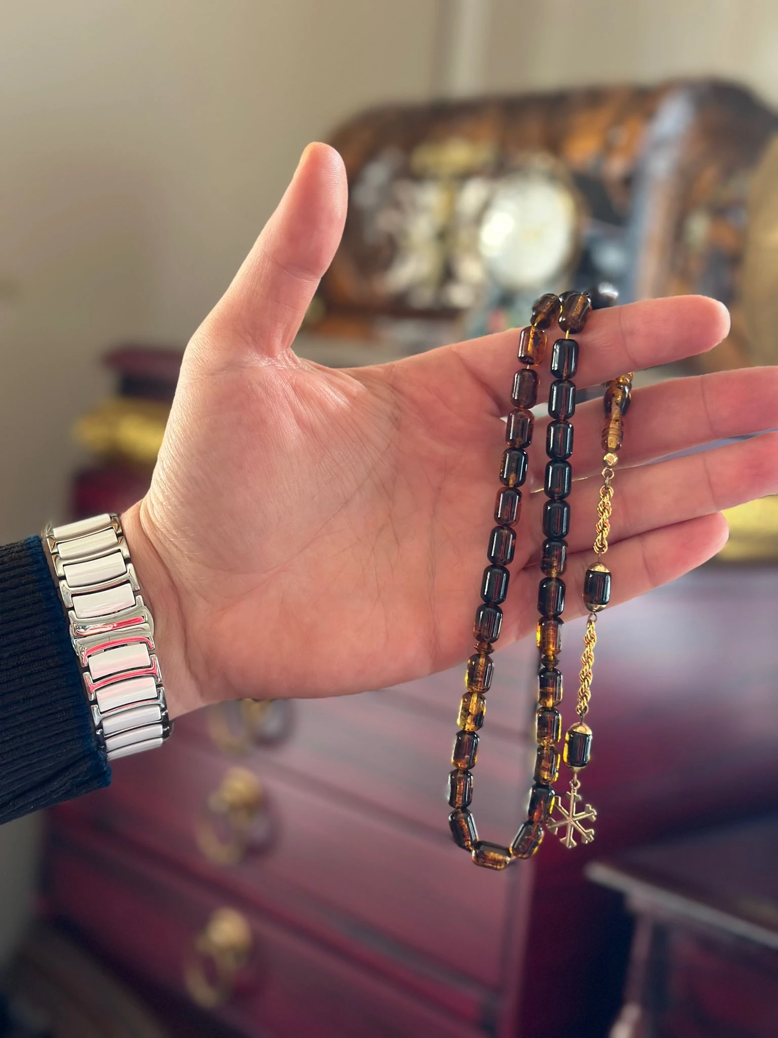 14 Ayar Altın Püsküllü Kapsül Kesim Damla Kehribar Tesbih