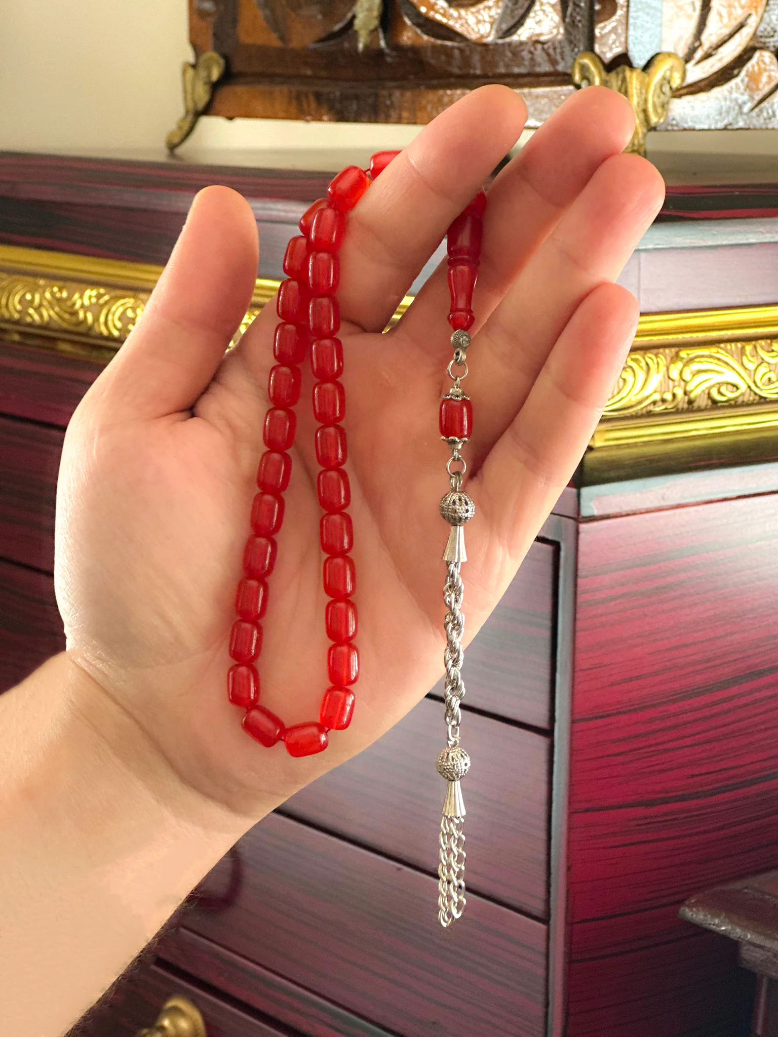 Özel Tasarım Püsküllü Kapsül Kesim Ateş Kehribar Tesbih