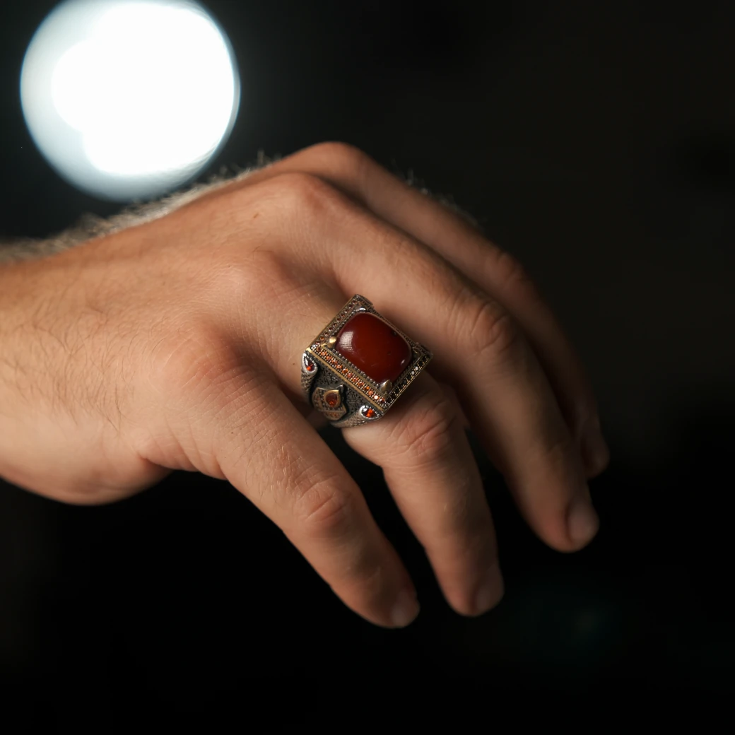 Osmanlı Kehribar Taşlı Usta İşi 925 Ayar Gümüş Yüzük