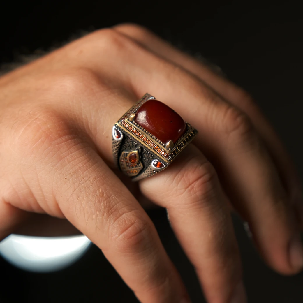 Osmanlı Kehribar Taşlı Usta İşi 925 Ayar Gümüş Yüzük