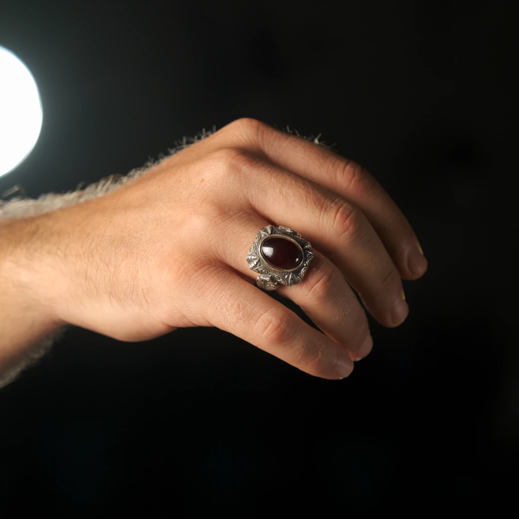 Osmanlı Kehribar Taşlı Usta İşi Gravür İşleme 925 Ayar Gümüş (Silver) Yüzük