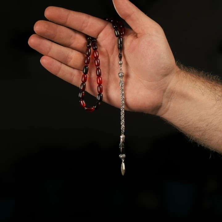 925 Ayar Gümüş Püsküllü Kapsül Kesim Bordo-Kırmızı Renk Süzmesi Ateş Kehribar Tesbih