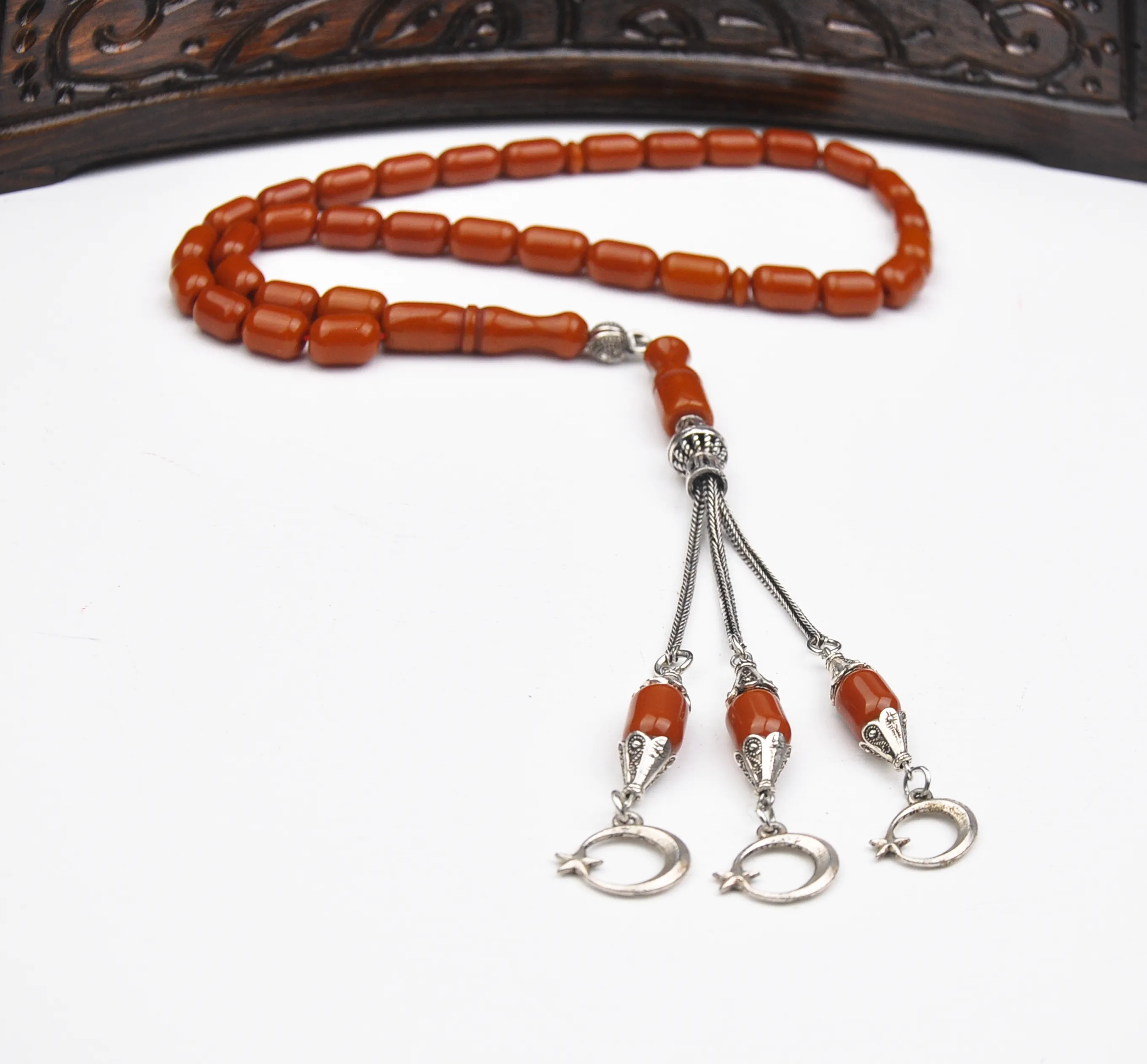 925 Ayar Gümüş Püsküllü Kapsül Kesim Sıkma Kehribar Tesbih