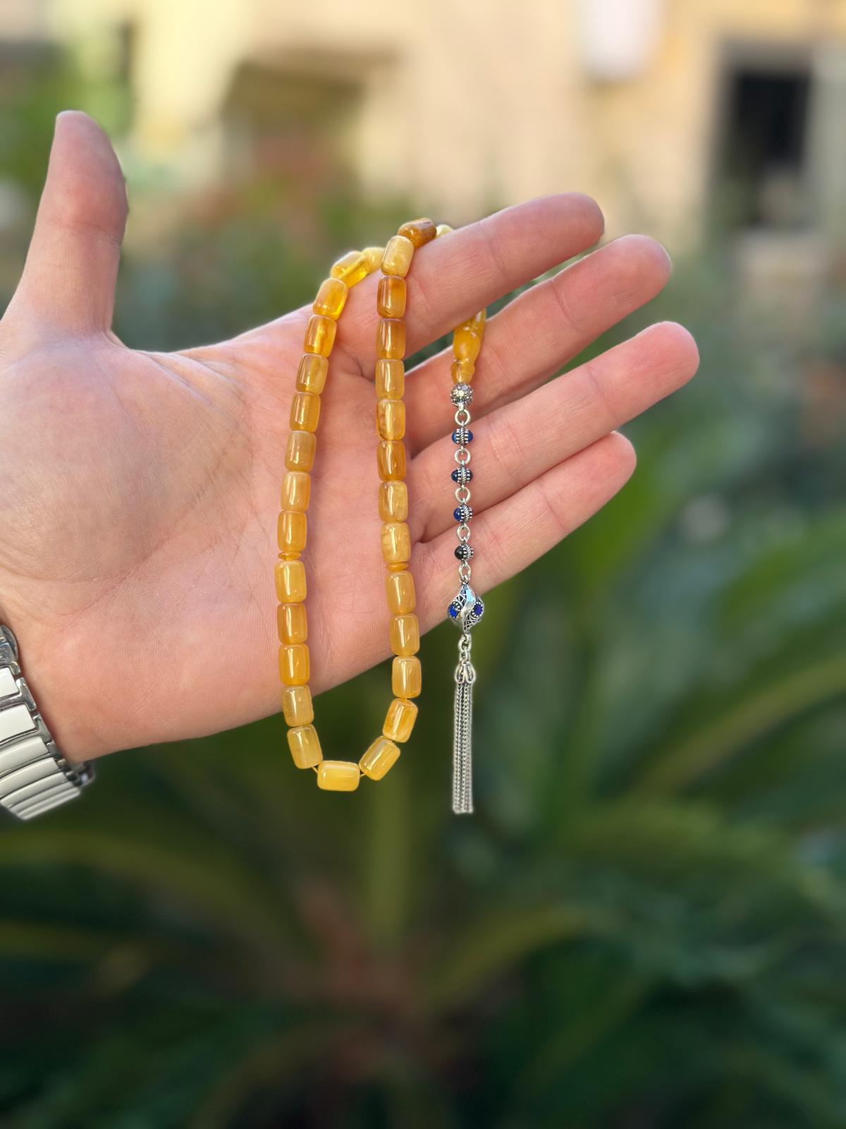 925 Ayar Gümüş Püsküllü Kesme Model Damla Kehribar Tesbih