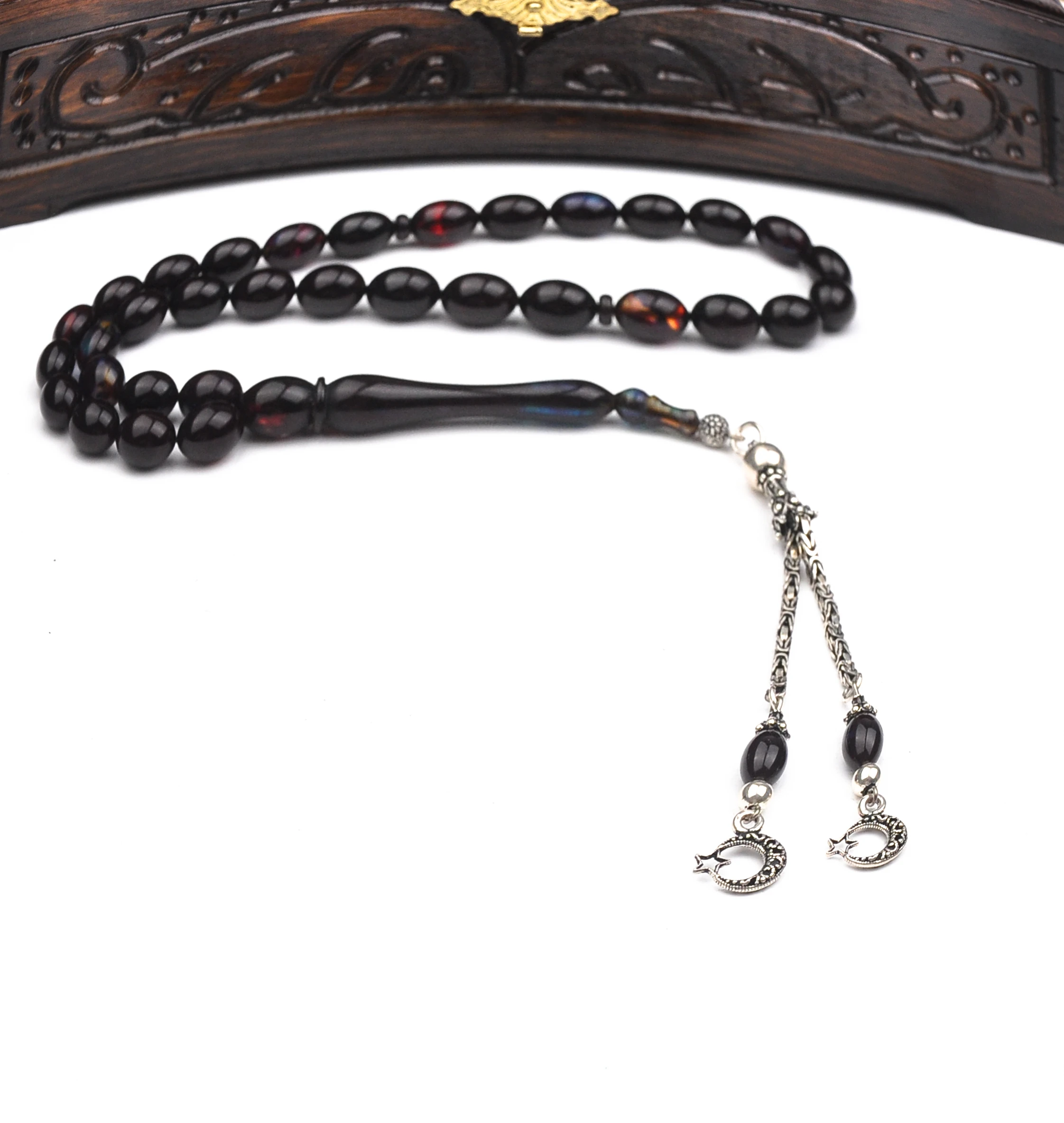 925 Ayar Gümüş Püsküllü Arpa Kesim Ateş Kehribar Tesbih