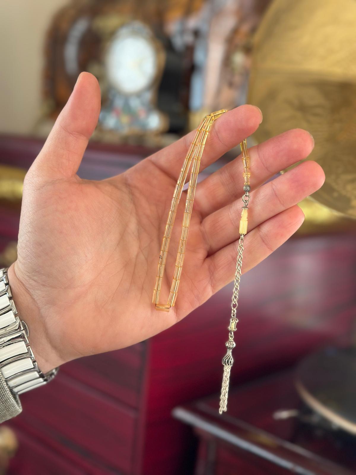 925 Ayar Gümüş Püsküllü Kesme Model Damla Kehribar Tesbih