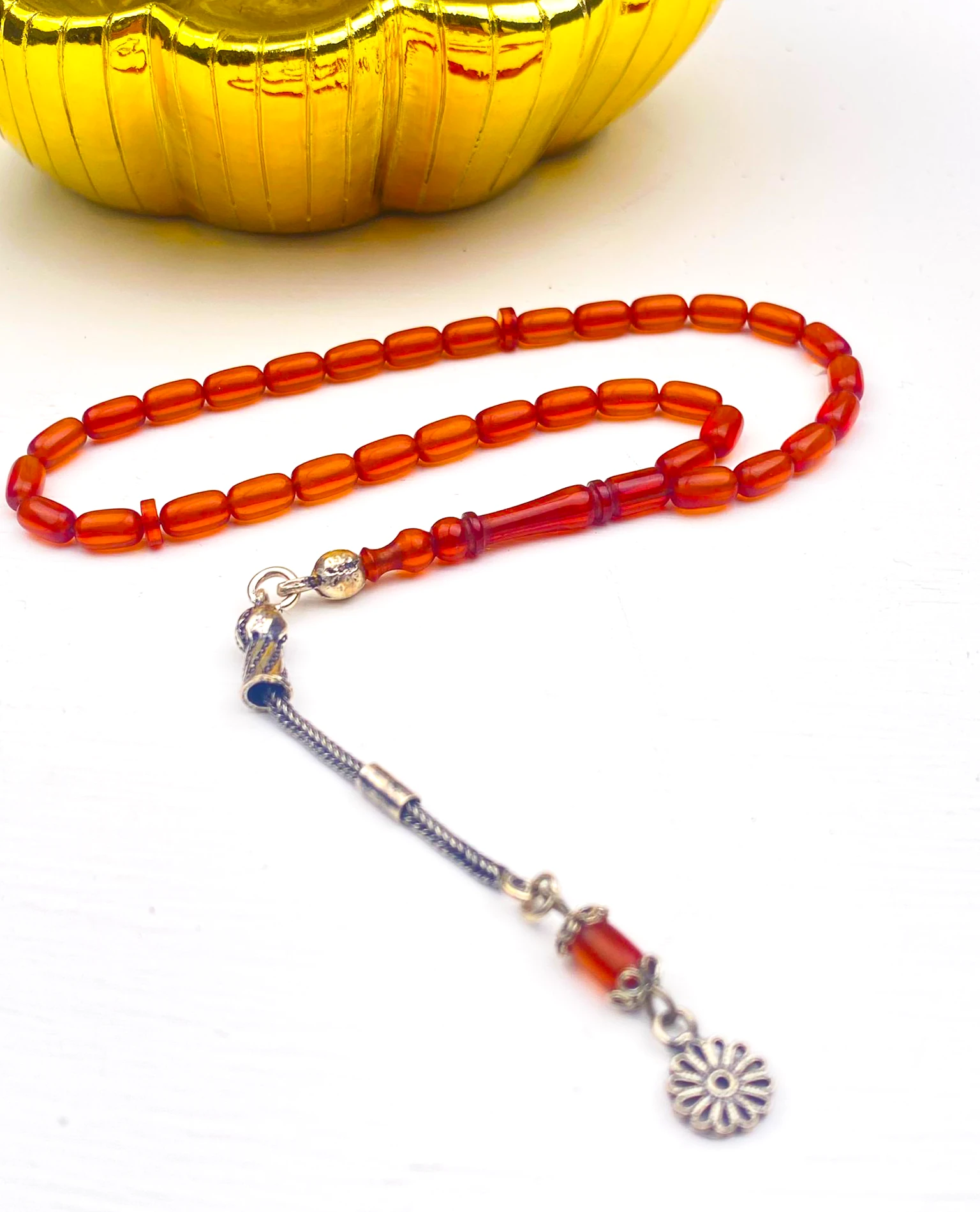 925 Ayar Gümüş Püsküllü Kapsül Kesim Bilek Boy Ateş Kehribar Tesbih