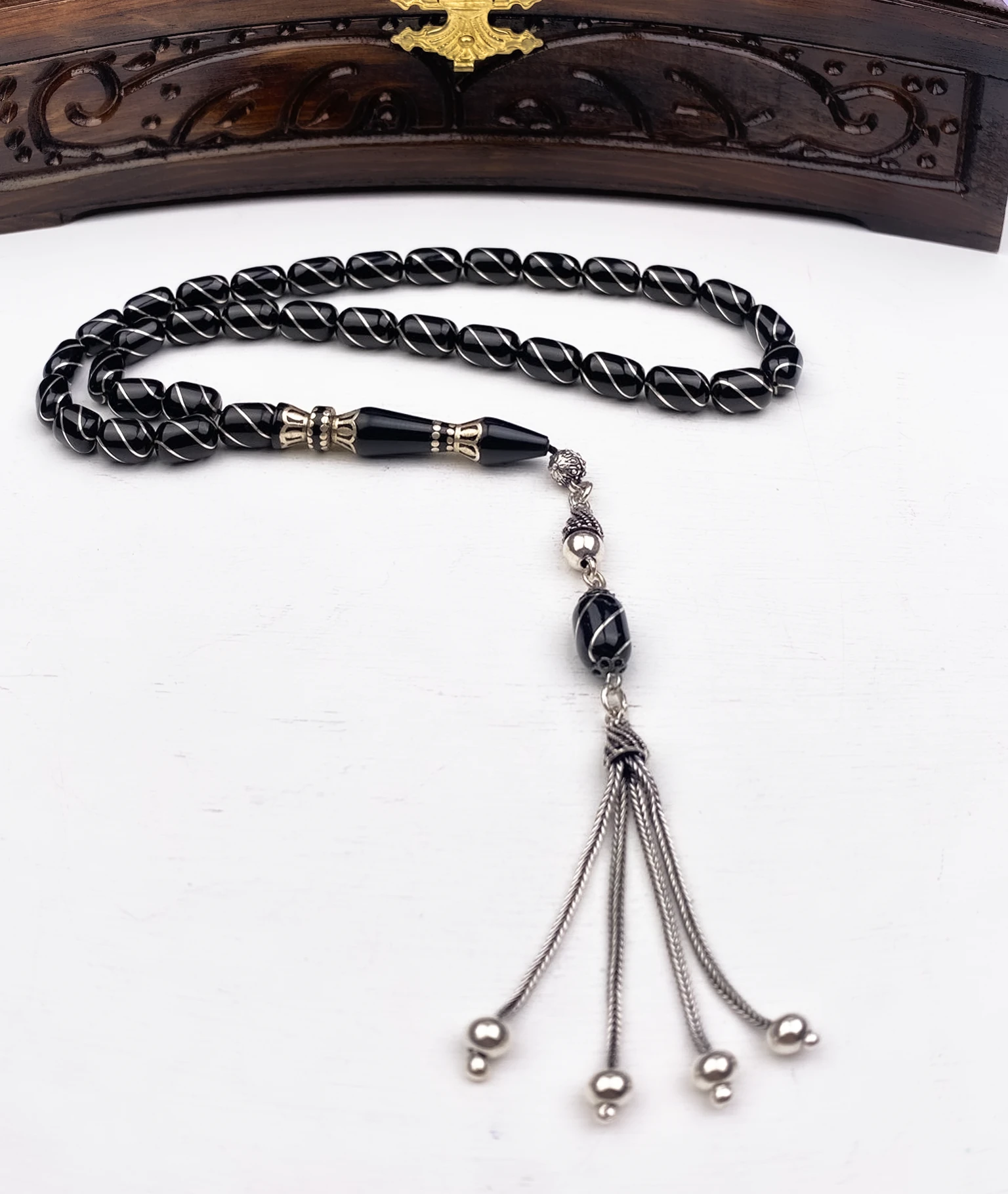 925 Ayar Gümüş Püsküllü Kapsül Kesim Gümüş İşlemeli Erzurum Oltu Tesbih