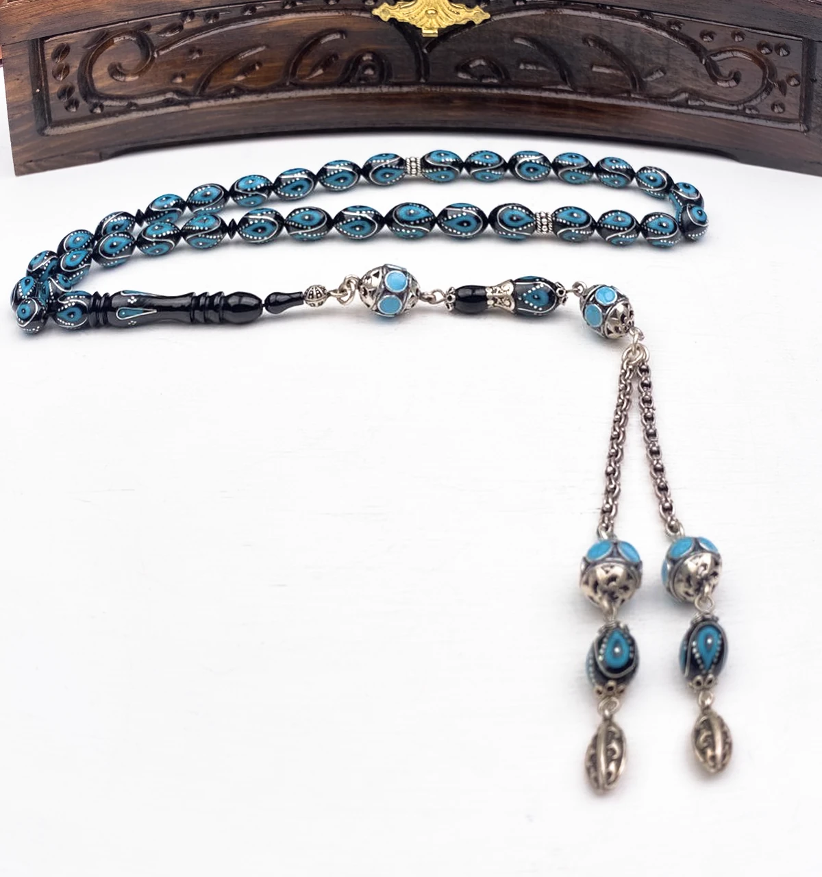 925 Ayar Gümüş Püsküllü Arpa Kesim Gümüş İşlemeli Erzurum Oltu Tesbih