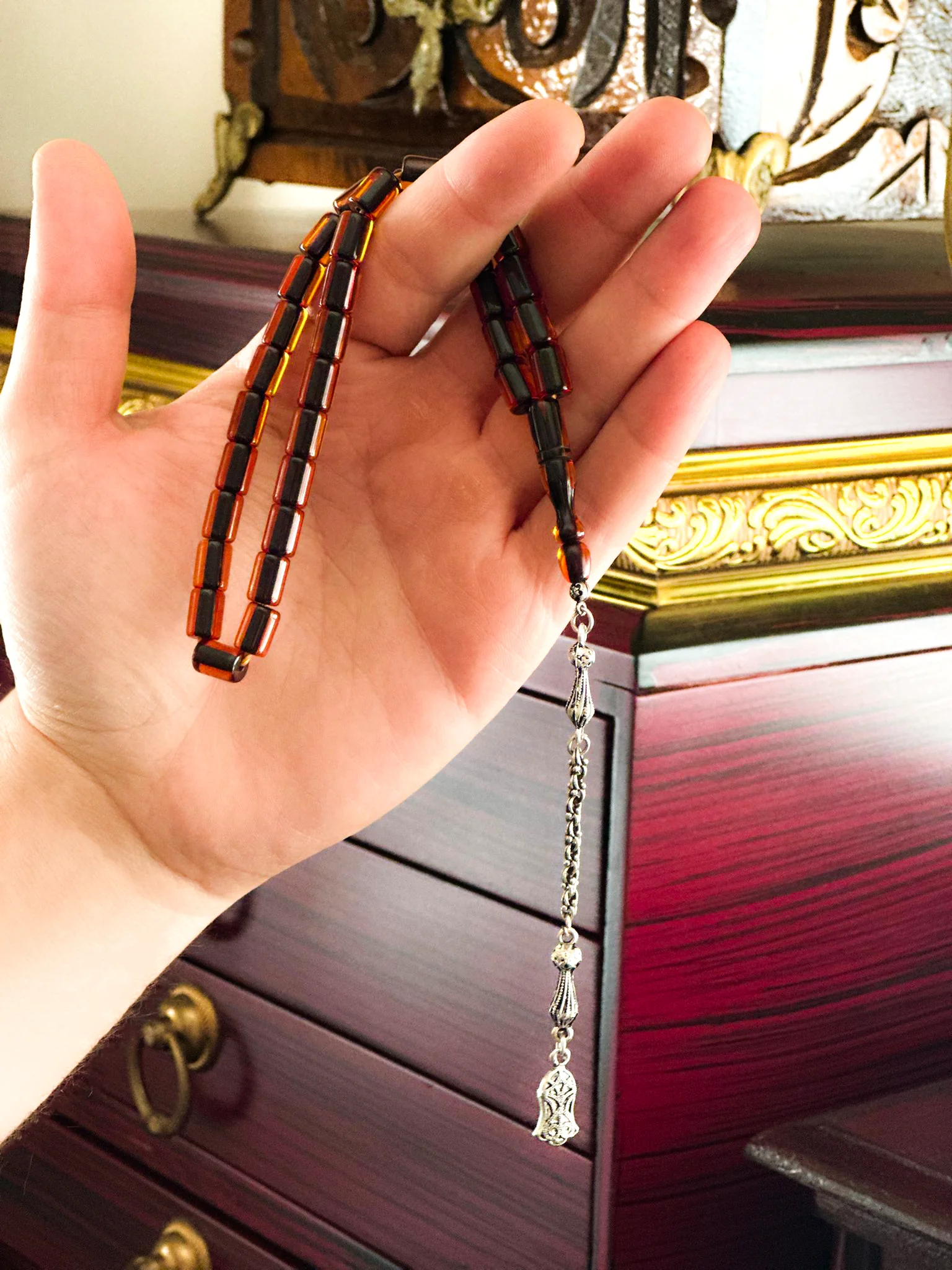 Özel Tasarım Püsküllü Kapsül Kesim Ateş Kehribar Tesbih