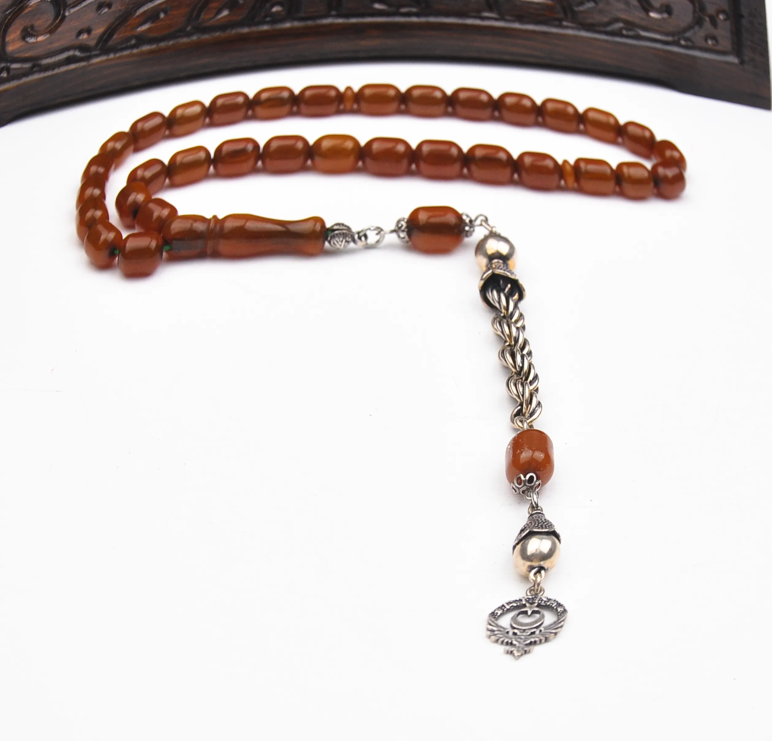 925 Ayar Gümüş Püsküllü Kapsül Kesim Sıkma Kehribar Tesbih