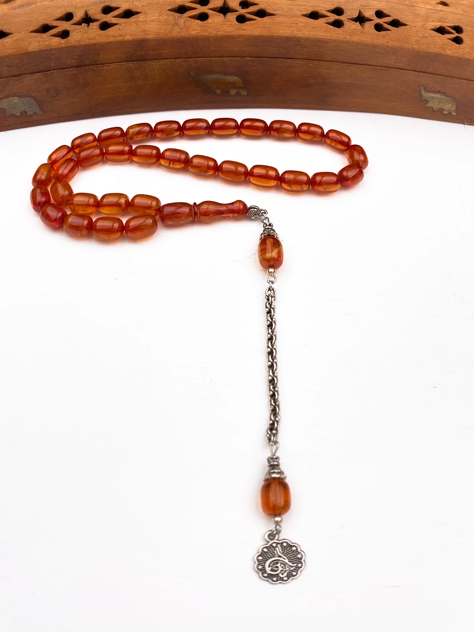 925 Ayar Gümüş Püsküllü Kapsül Kesim Sıkma Kehribar Tesbih