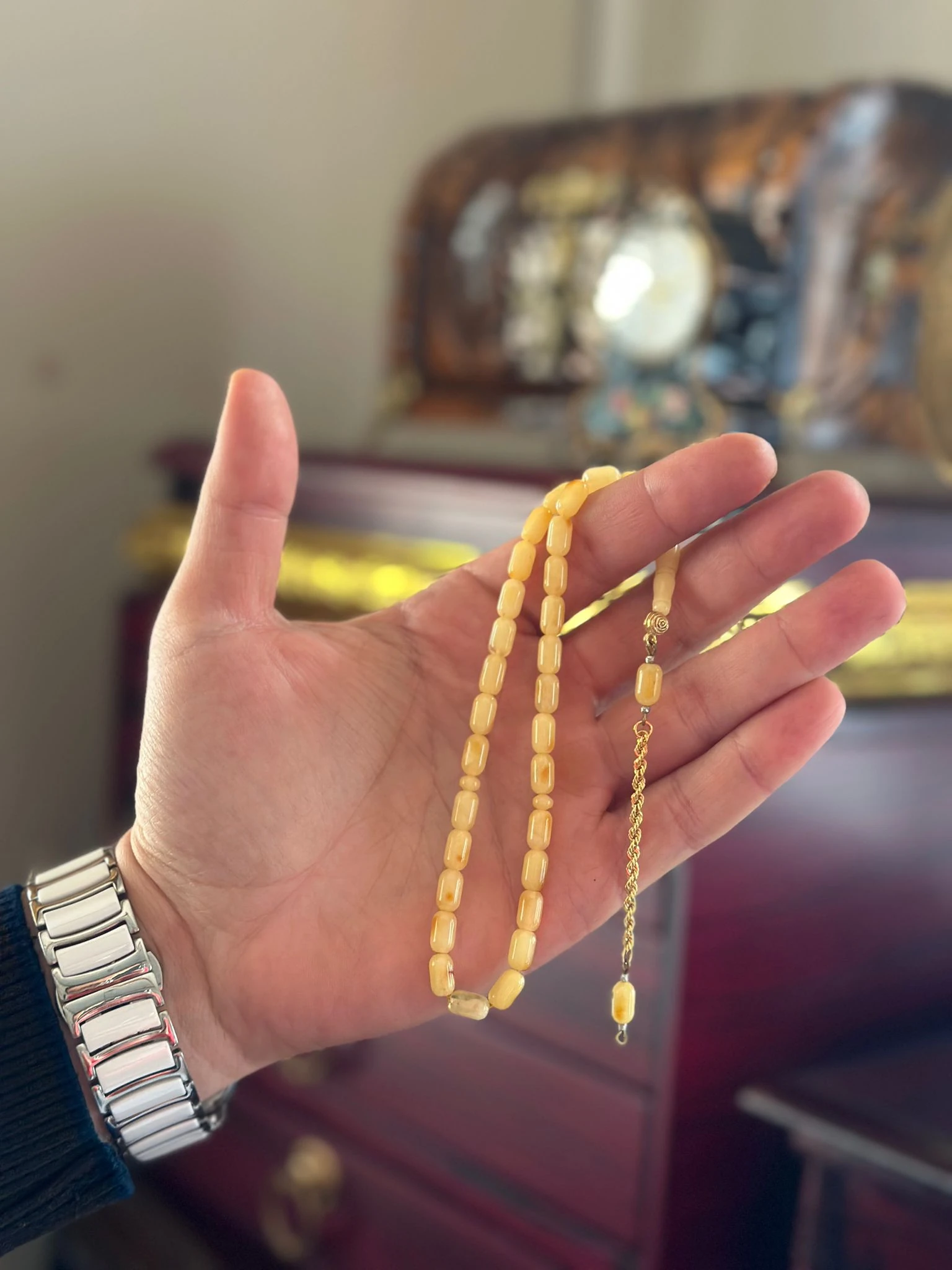 14 Ayar Altın Zincirli Kapsül Kesim Kaya Damla Kehribar