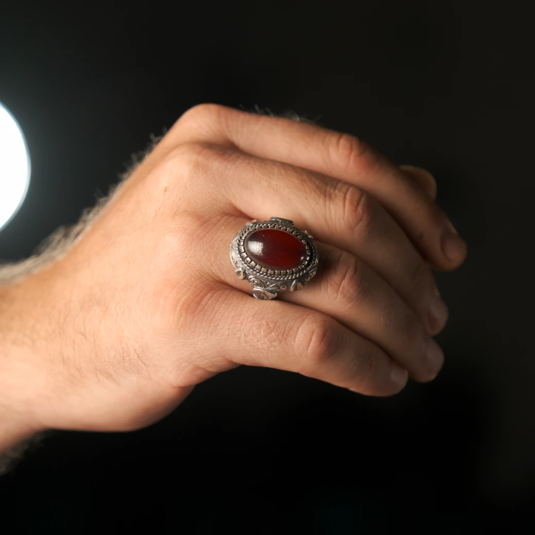 Osmanlı Kehribar Taşlı Usta İşi Gravür İşleme 925 Ayar Gümüş (Silver) Yüzük