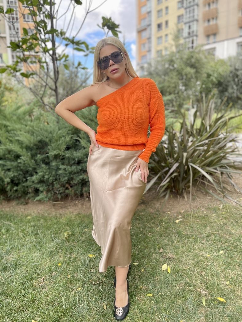 Turuncu Tek Omuz Triko Kazak