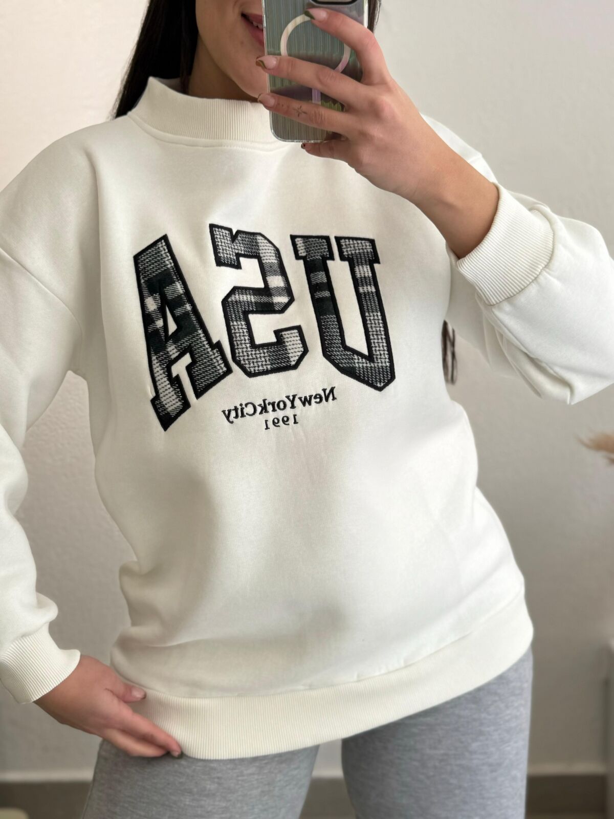Usa Üç İplik Sweatshirt  Beyaz
