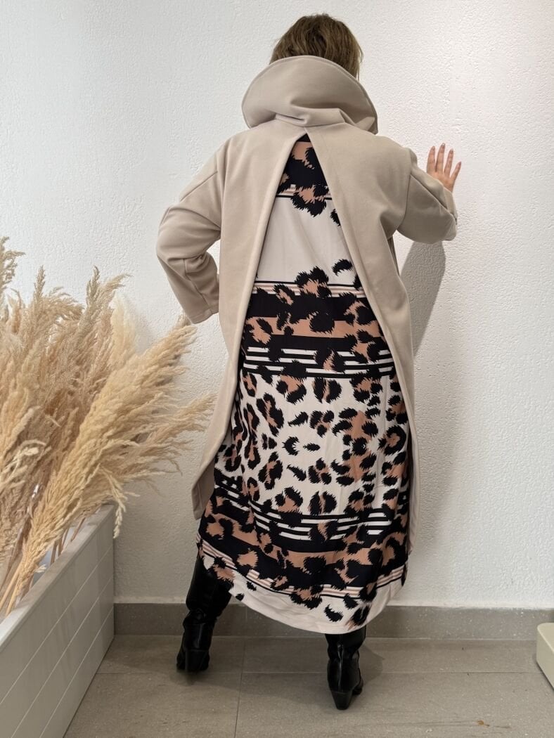ARKASI LEOPAR DETAYLI KABAN