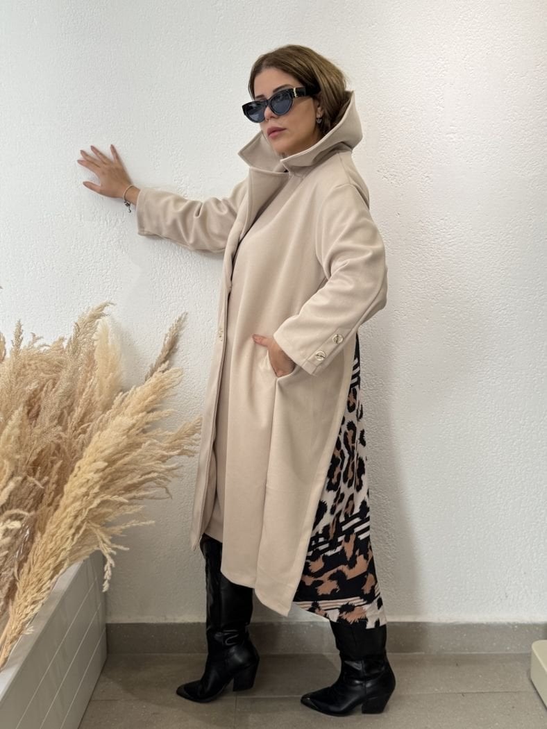 ARKASI LEOPAR DETAYLI KABAN