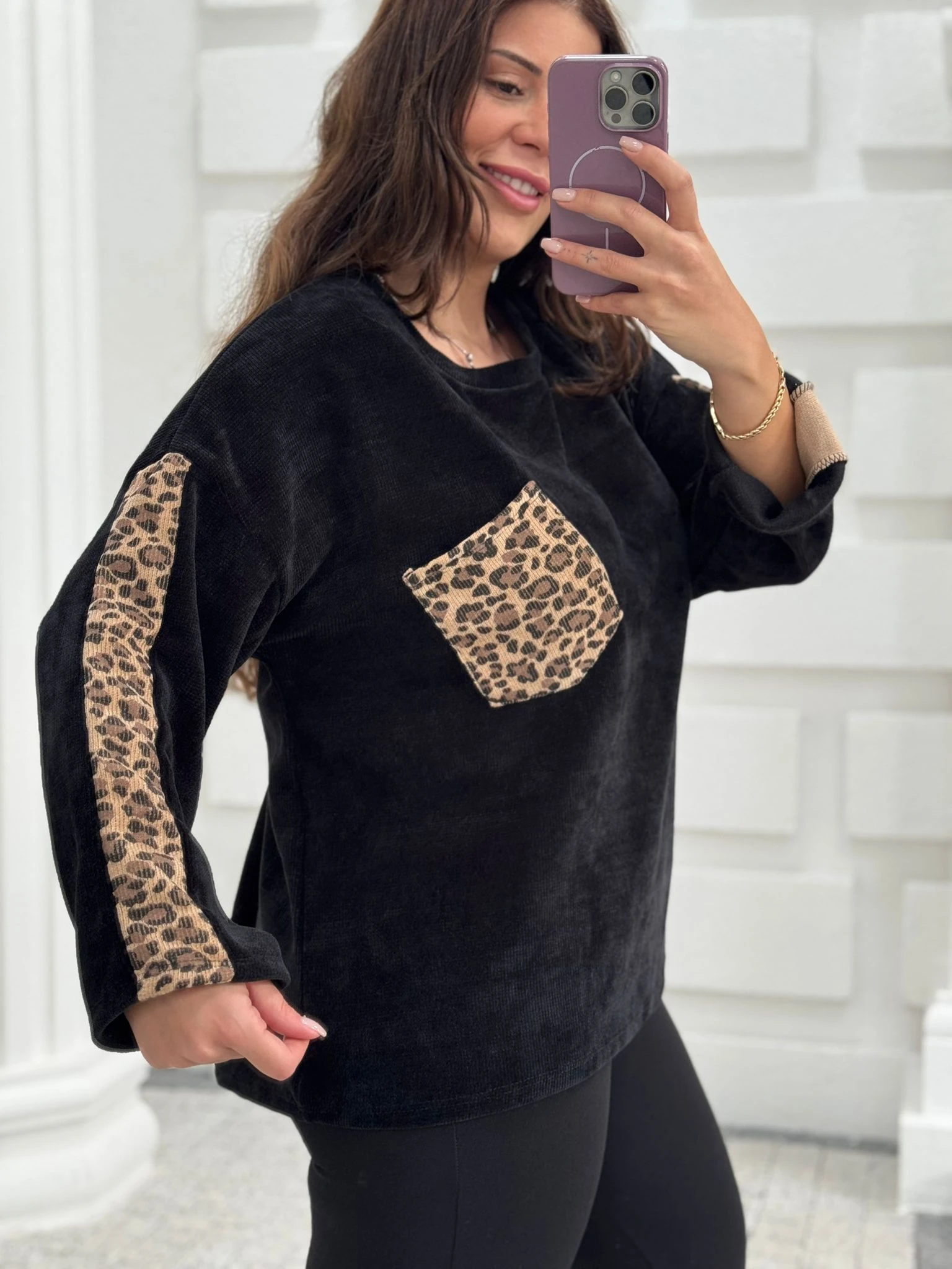 LEOPAR DESEN TEK CEPLİ BLUZ