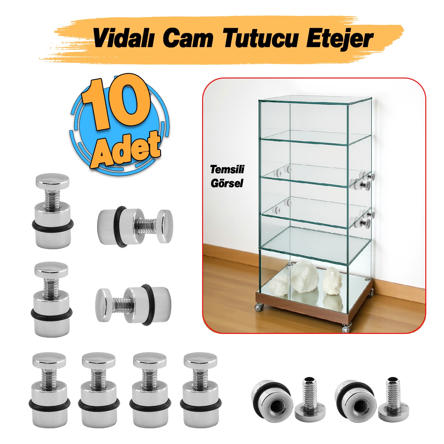 O-RİNGLİ Metal Cam Raf Tutucu (10 Adet) Krom 90-2503-01 Oringli Contalı Vidalı Metal Tutamak