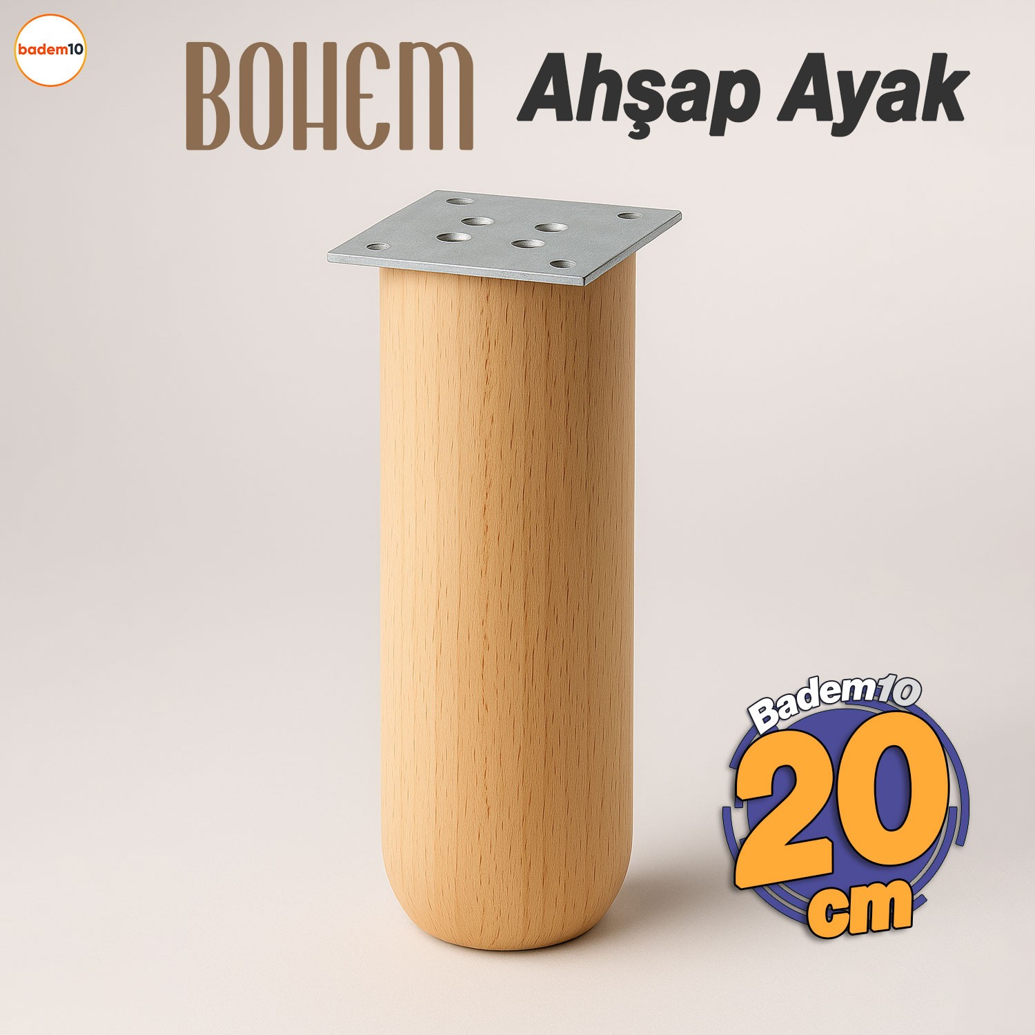 Bohem Doğal Ahşap Silindir Ayak 20 cm Aparat Dahil Mobilya Koltuk Kanepe Sehpa Masa Ayağı Ayakları