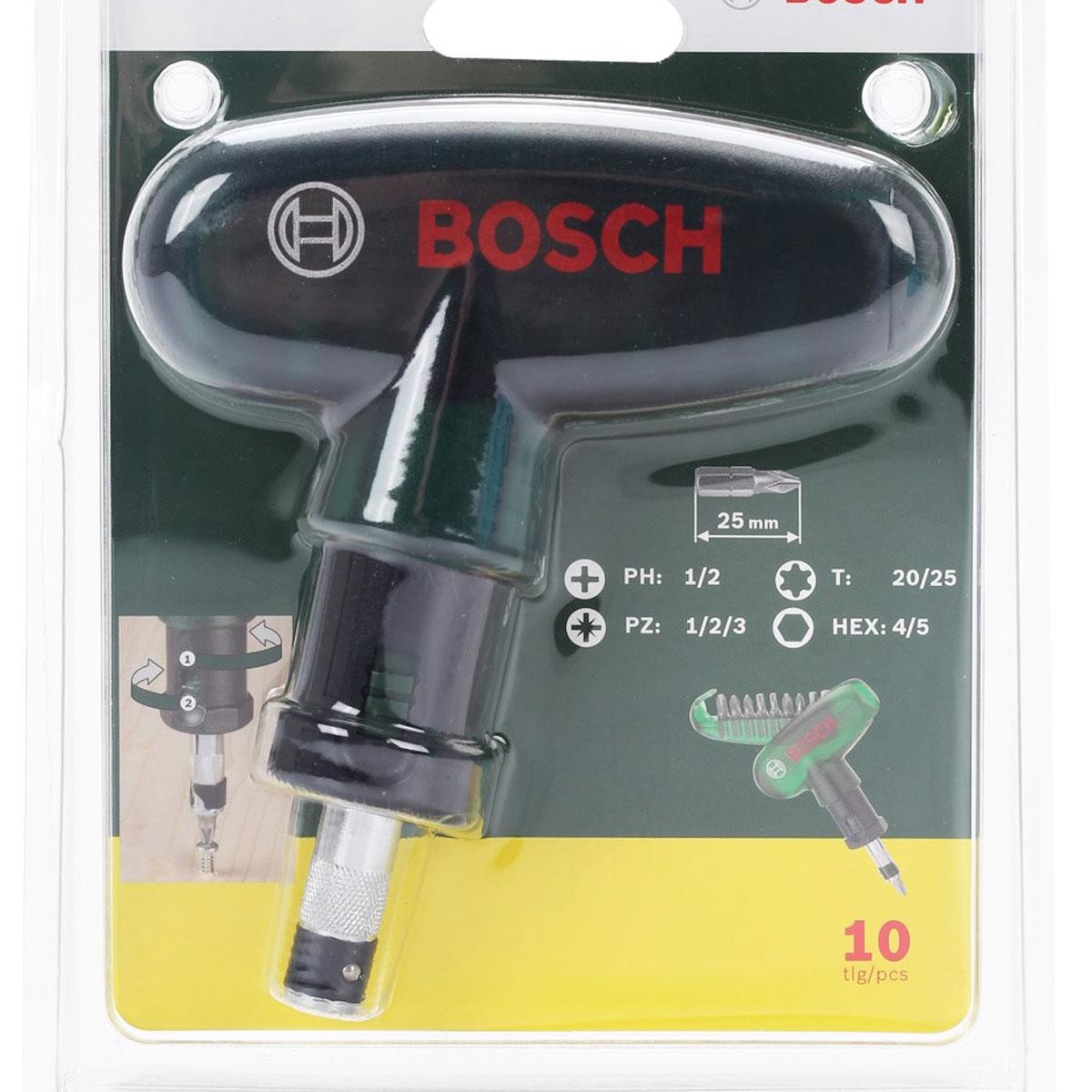 Bosch T Tipi Cırcırlı Tornavida ve 10 Parça Vidalama Uç Seti