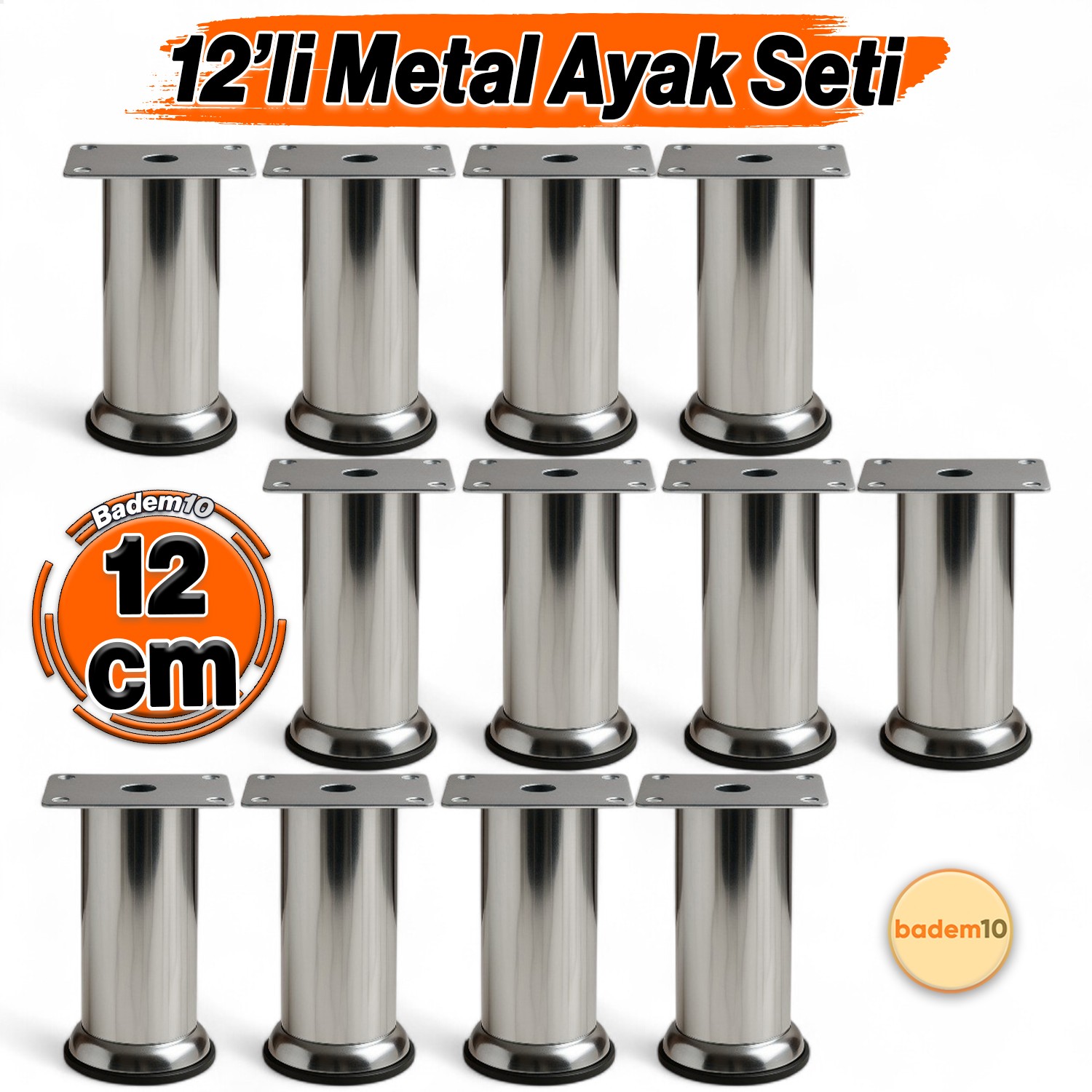 (12 ADET) Baza Mobilya Koltuk Kanepe Yatak Çekyat Destek Yükseltme Ayağı Ayakları Metal Krom 12 cm