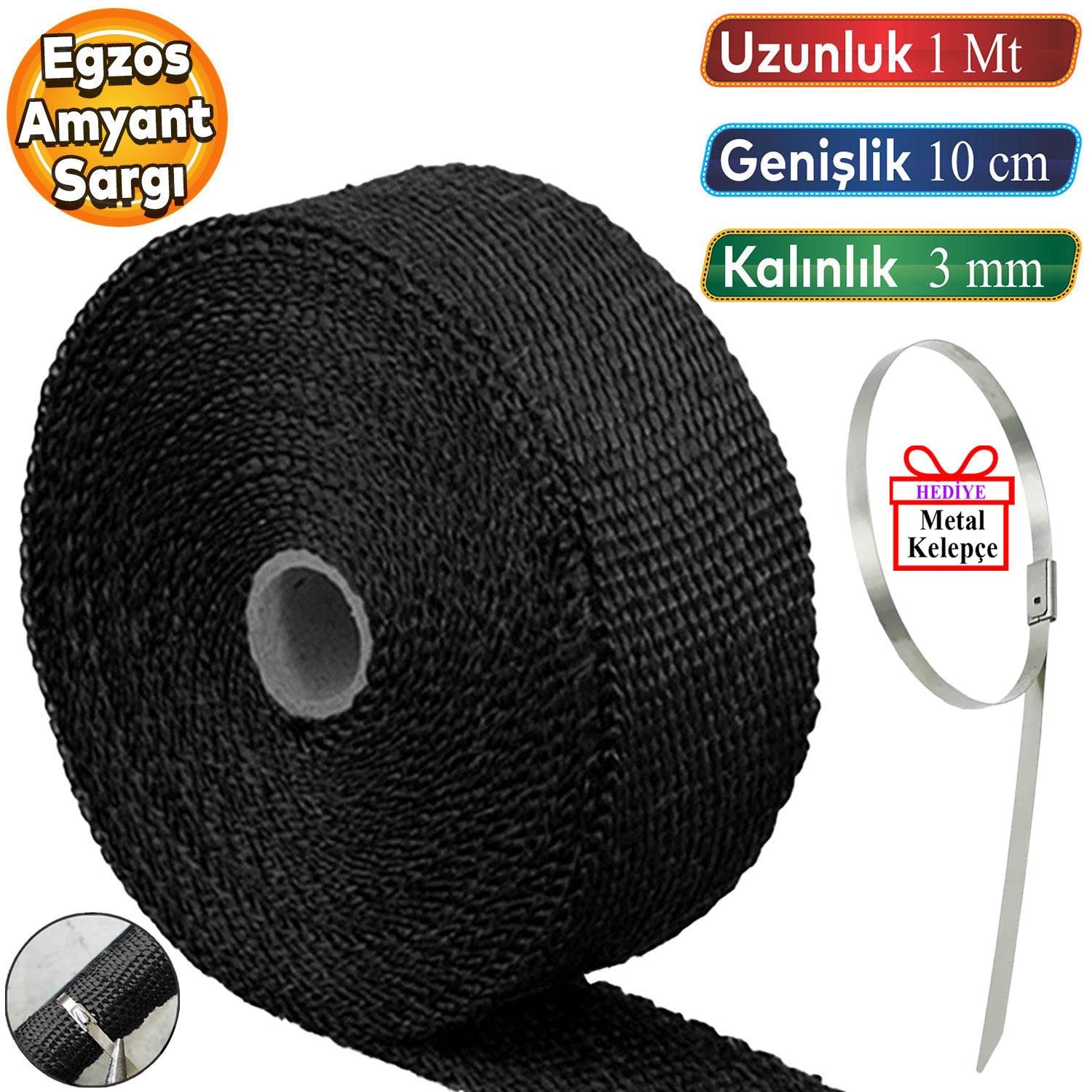 1 Metre 10 cm Cam Elyaf Ekzoz Sargısı Metal Kelepçe Manifold Sargı Bezi Yanmaz Bant Siyah Amyant 3 mm (Kalınlık)