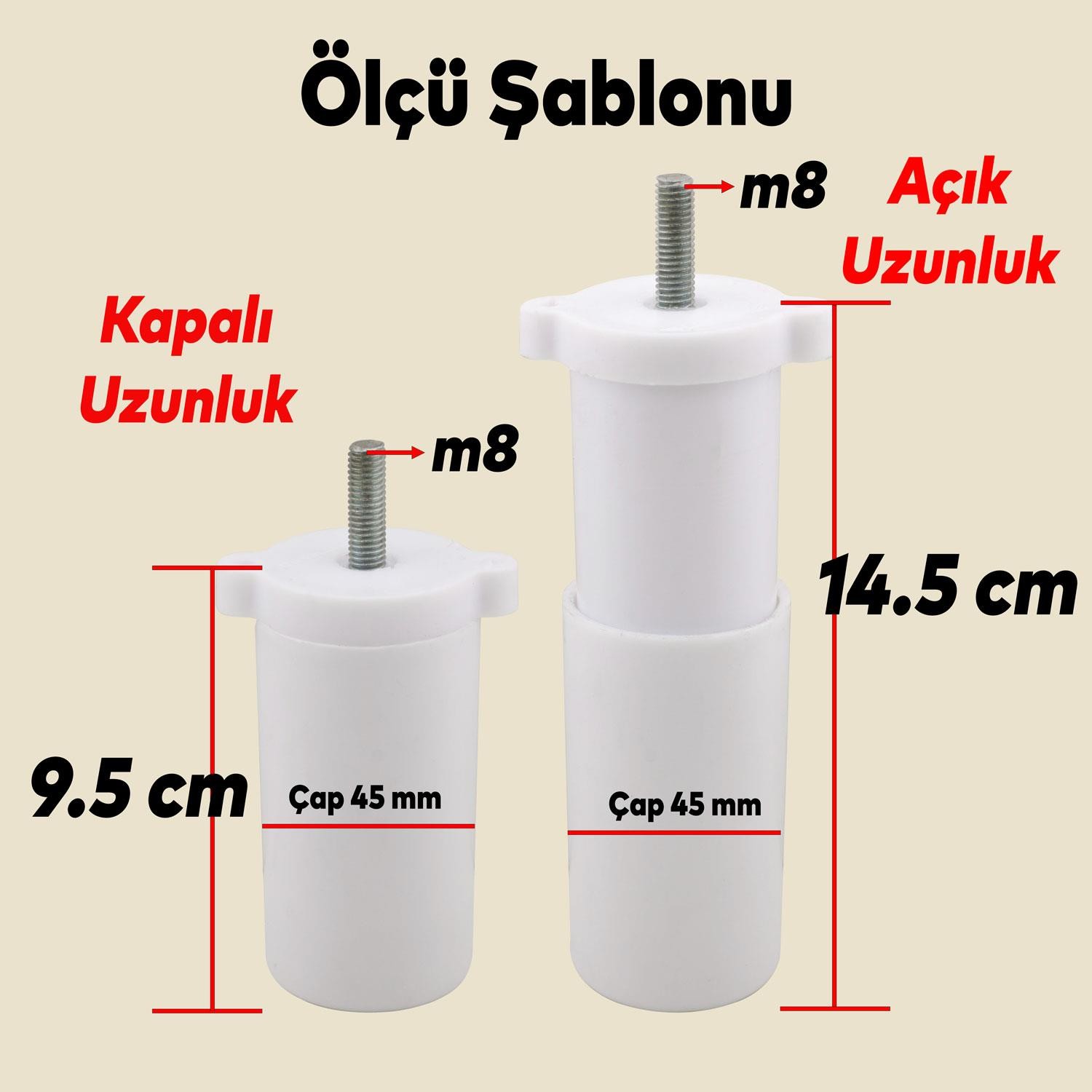 Ayarlanabilir Gizli Mobilya Kanepe Baza Koltuk M8 Civatalı Vidalı Orta Destek Ayağı Ayak Beyaz 9.5cm