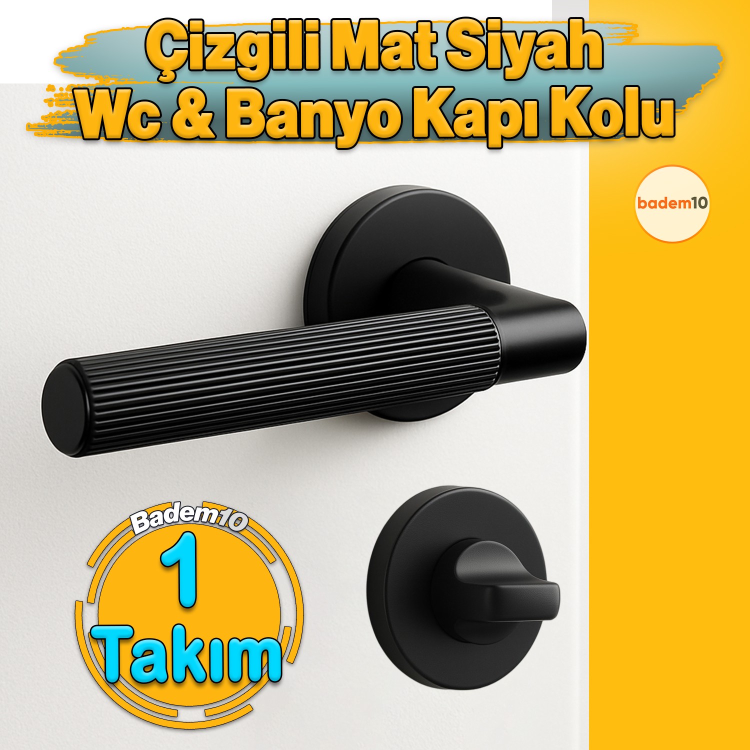 Çizgili Mat Siyah Wc Banyo Tipi Kapı Kolu Rozetli Sağ Sol Uygun Modern İç Kapı Kilitli 1 Takım