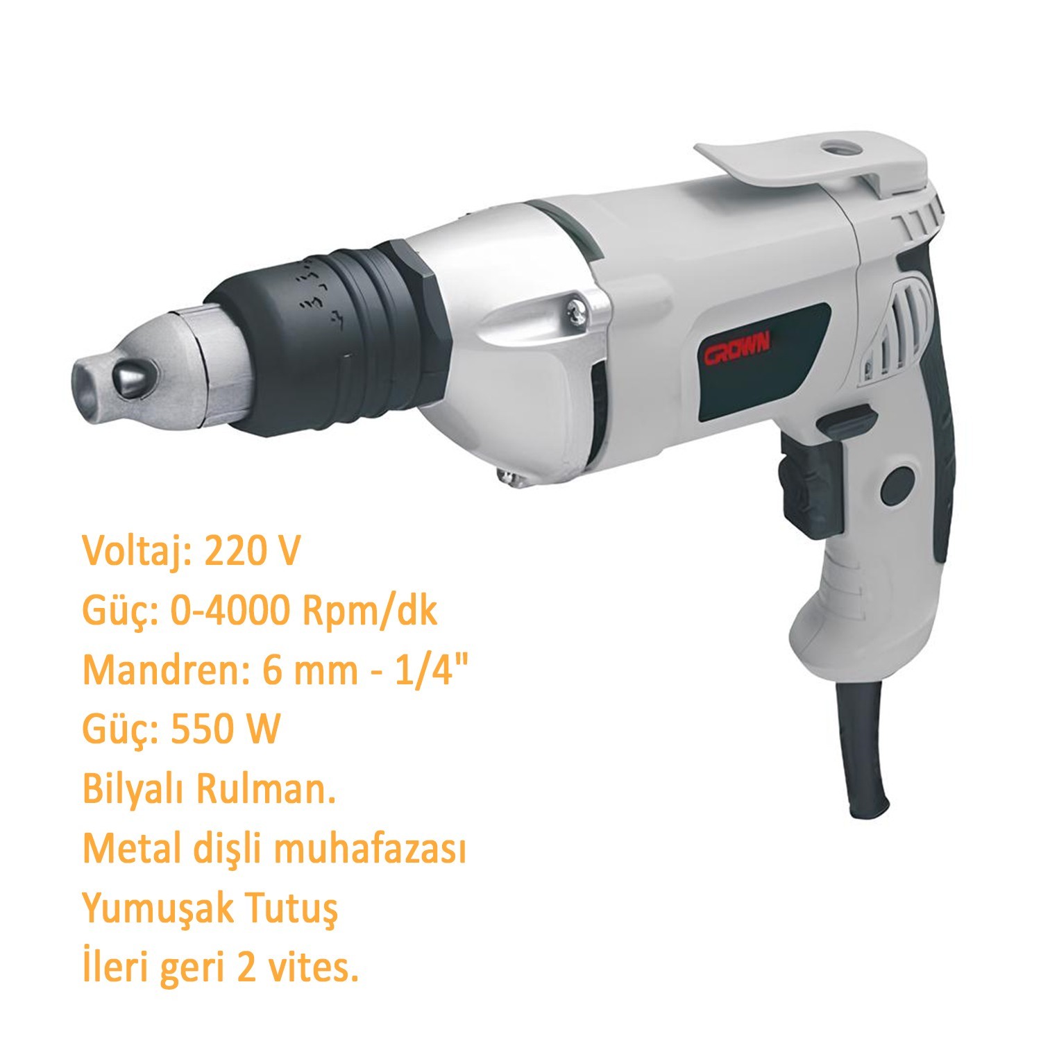 CROWN CT12016 Elektrikli Alçıpan Vidalama Makinası 550 W 6 mm 1/4" 4000 Rpm Bilyeli Rulman 2 Vites