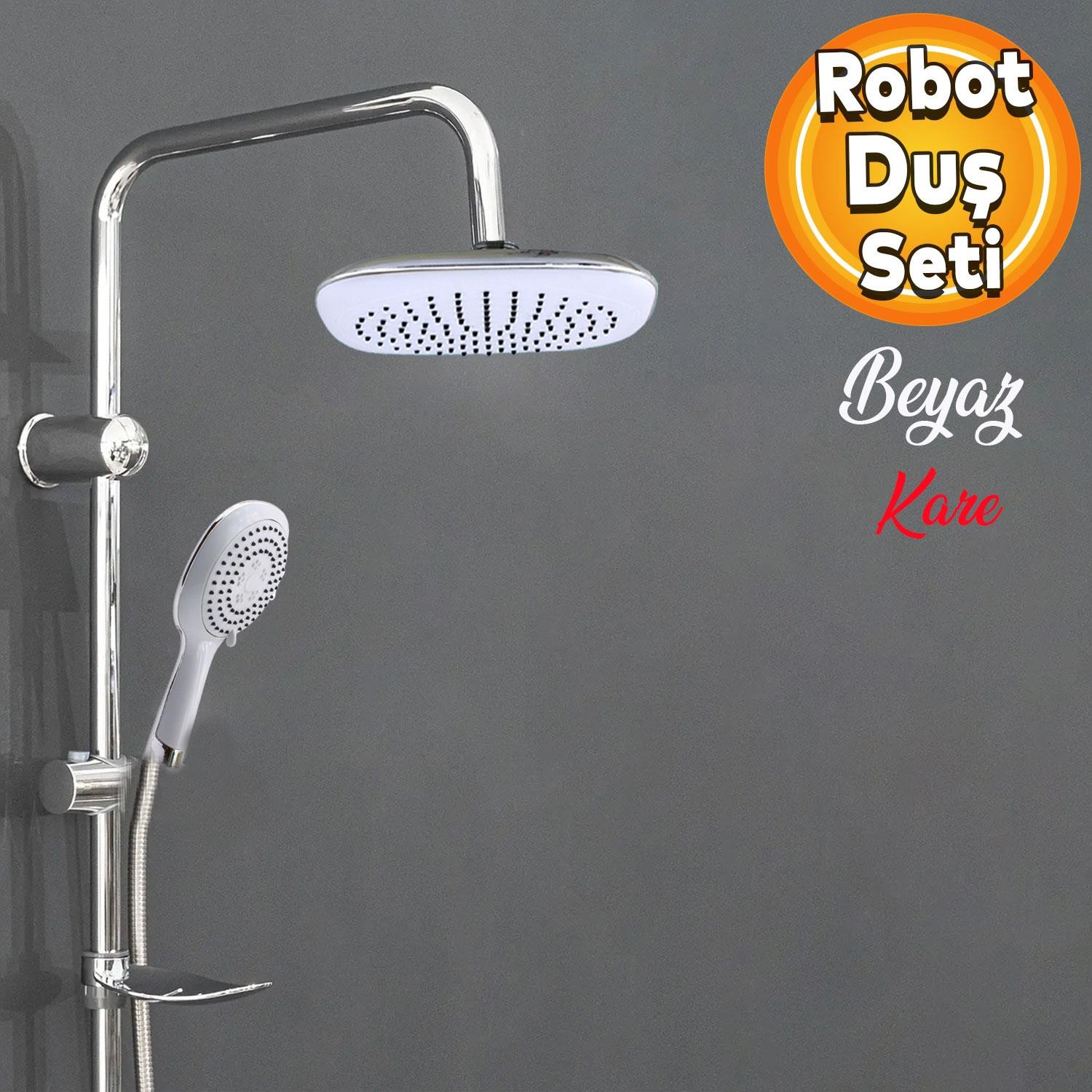 Robot Tepe Duş Seti Takımı Shower Yağmurlama Kare Banyo Masaj Duş Başlığı Sistemi Beyaz Krom