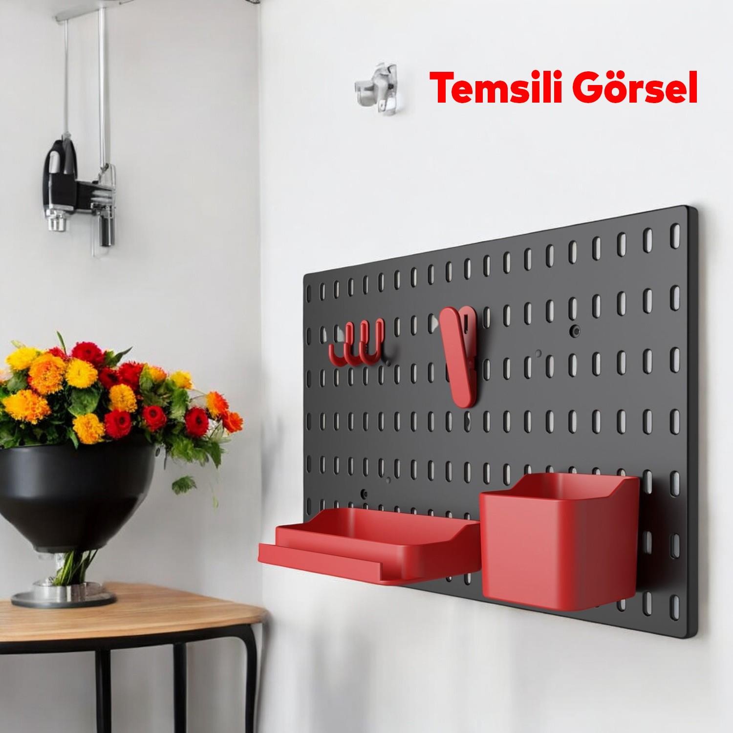 Plastik Delikli 7 Parçalı Organizer Siyah Kırmızı Çok Amaçlı Anahtarlık Pano Düzenleyici 40x28 cm