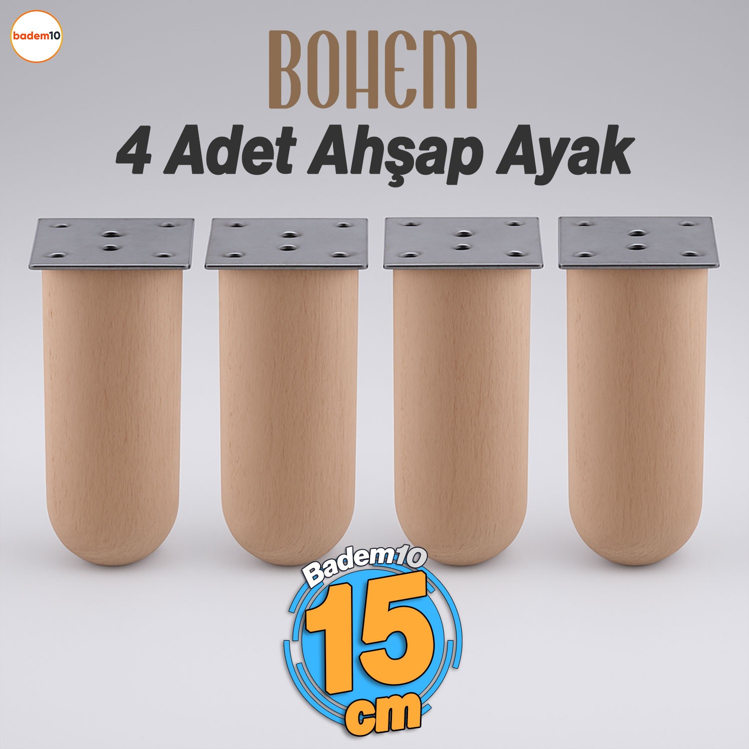 Bohem 4 ADET Doğal Ahşap 15 cm Silindir Ayak Set Mobilya Koltuk Kanepe Sehpa Masa Ayağı Ayakları