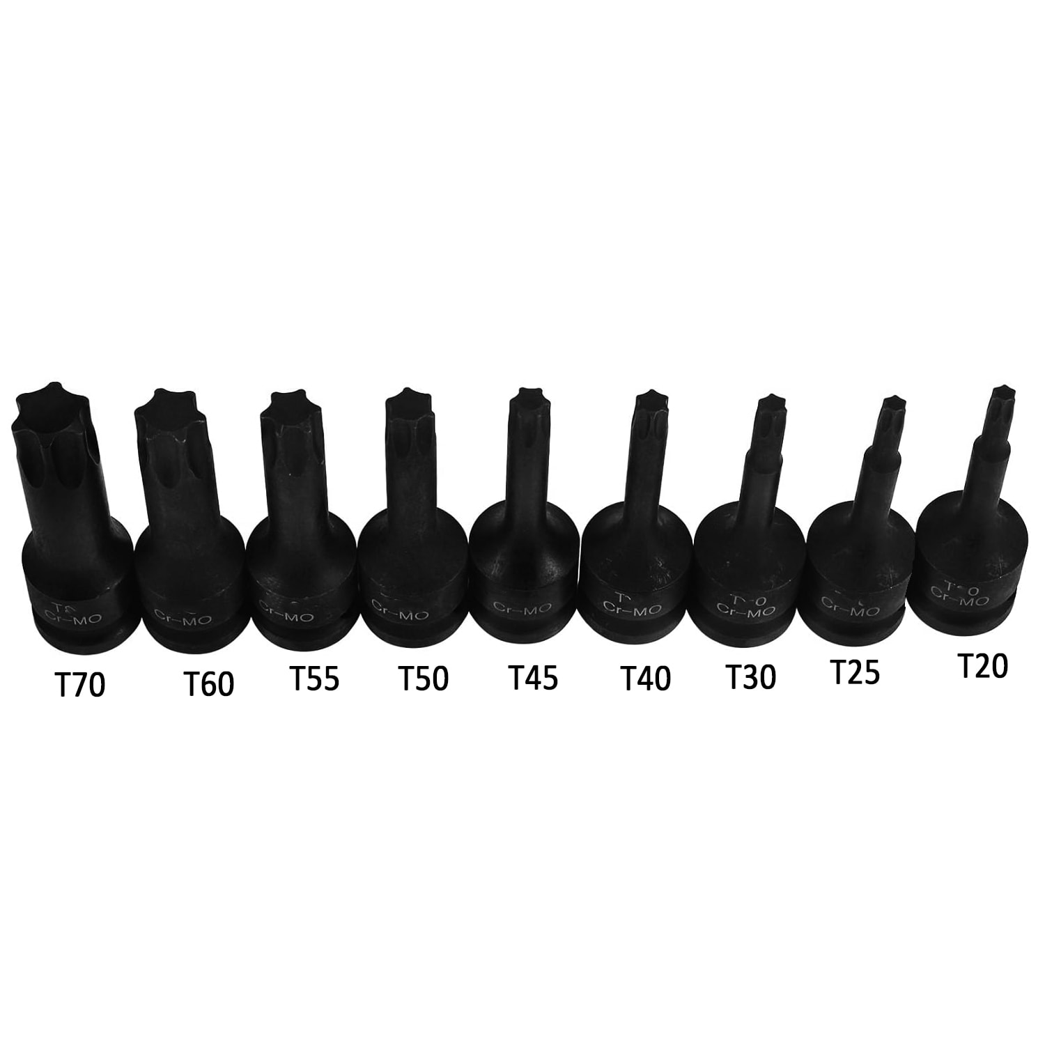 1/2" Torx Bits Lokma Seti 9 Parça T20 T25 T30 T40 T45 T50 T55 T60 T70 CR-MO Uzunluk:78 mm Tork