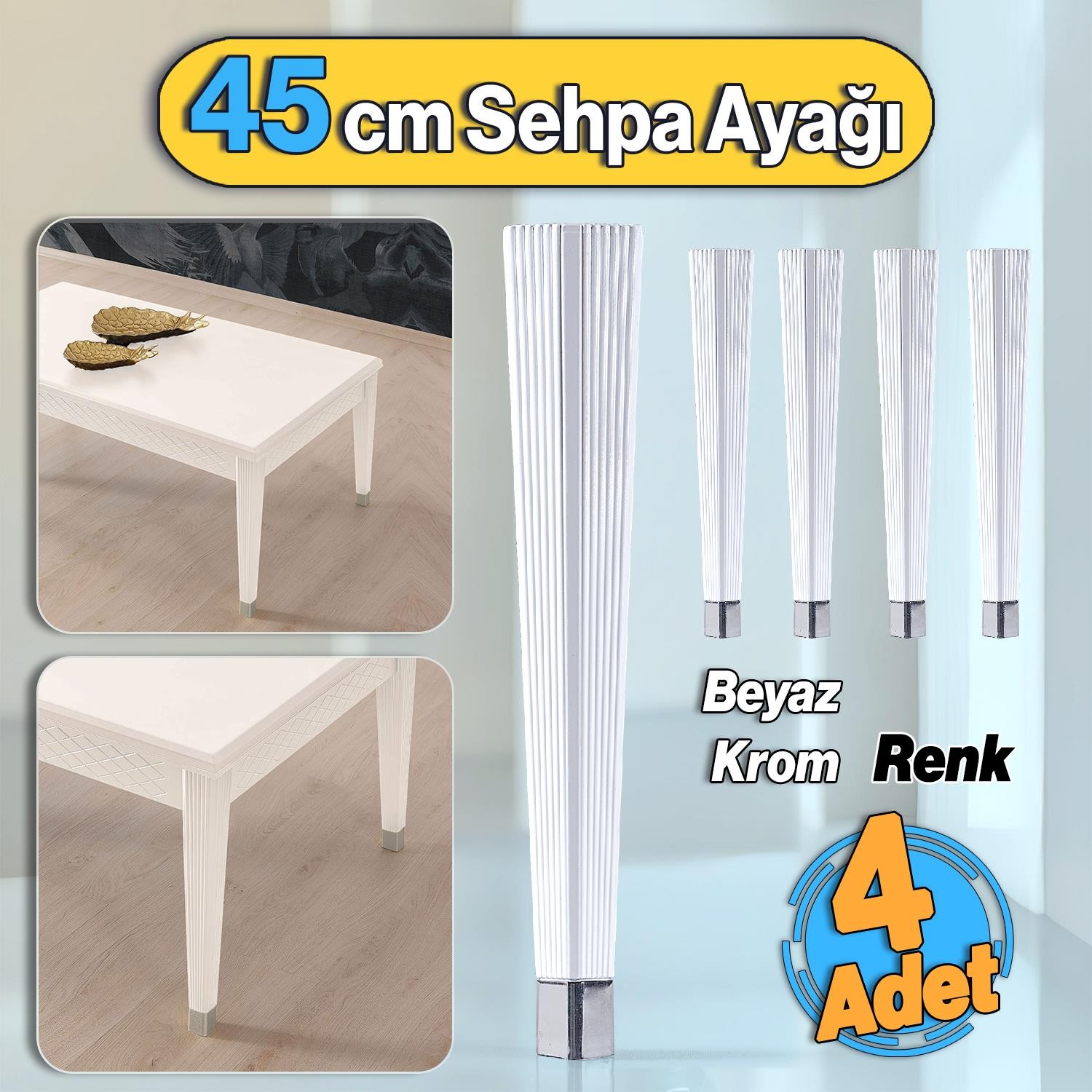 Mobilya Beyaz Krom Renk Plastik Sehpa Ayağı 45 cm Elit Ayak Zigon Ayak Mutfak Yemek Masası 4 Adet