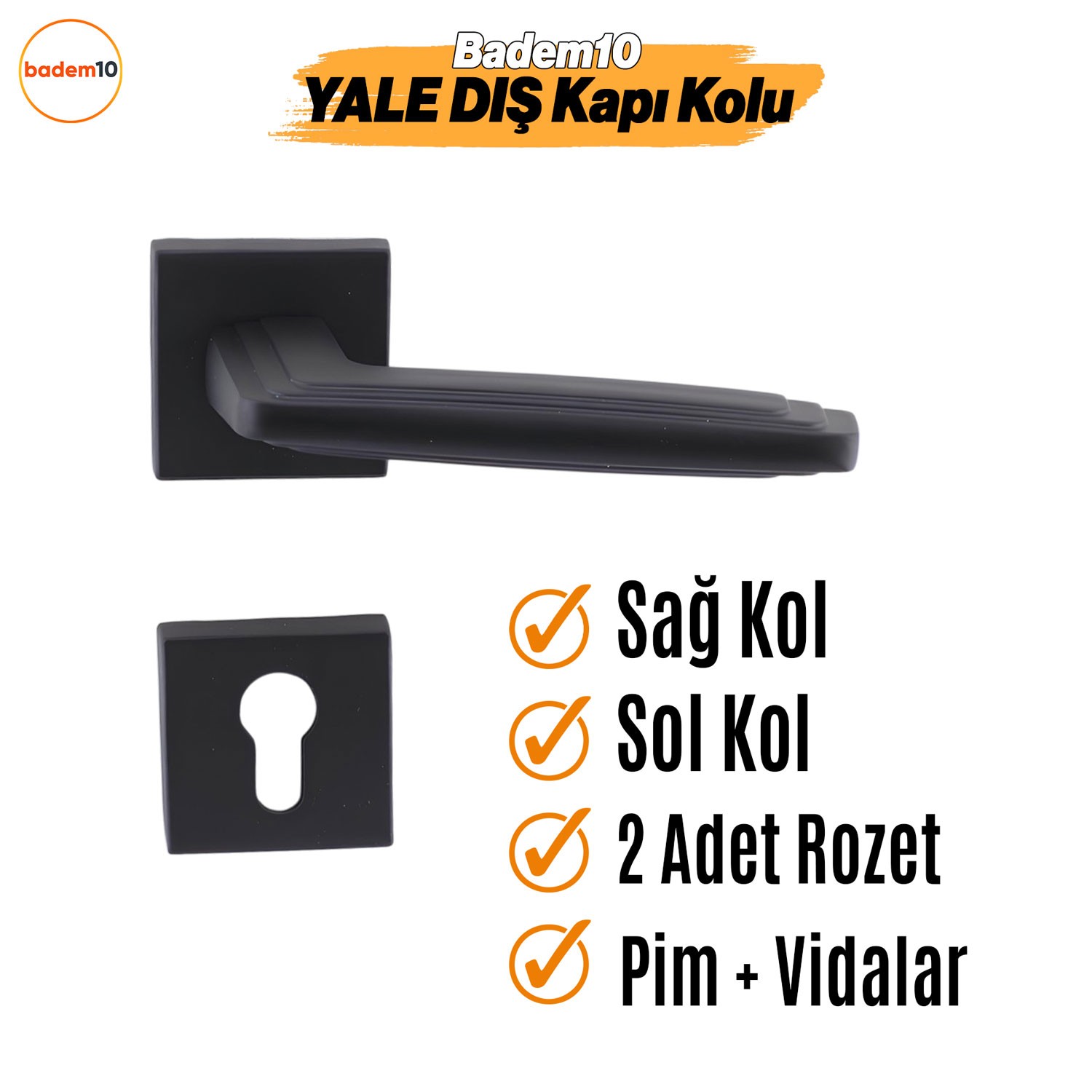 Bulut YALE DIŞ KAPI Kolu Siyah Kare Rozetli Sağa Sola Uygun Ev Kapı Kolları Kilitlenebilir 1 Takım