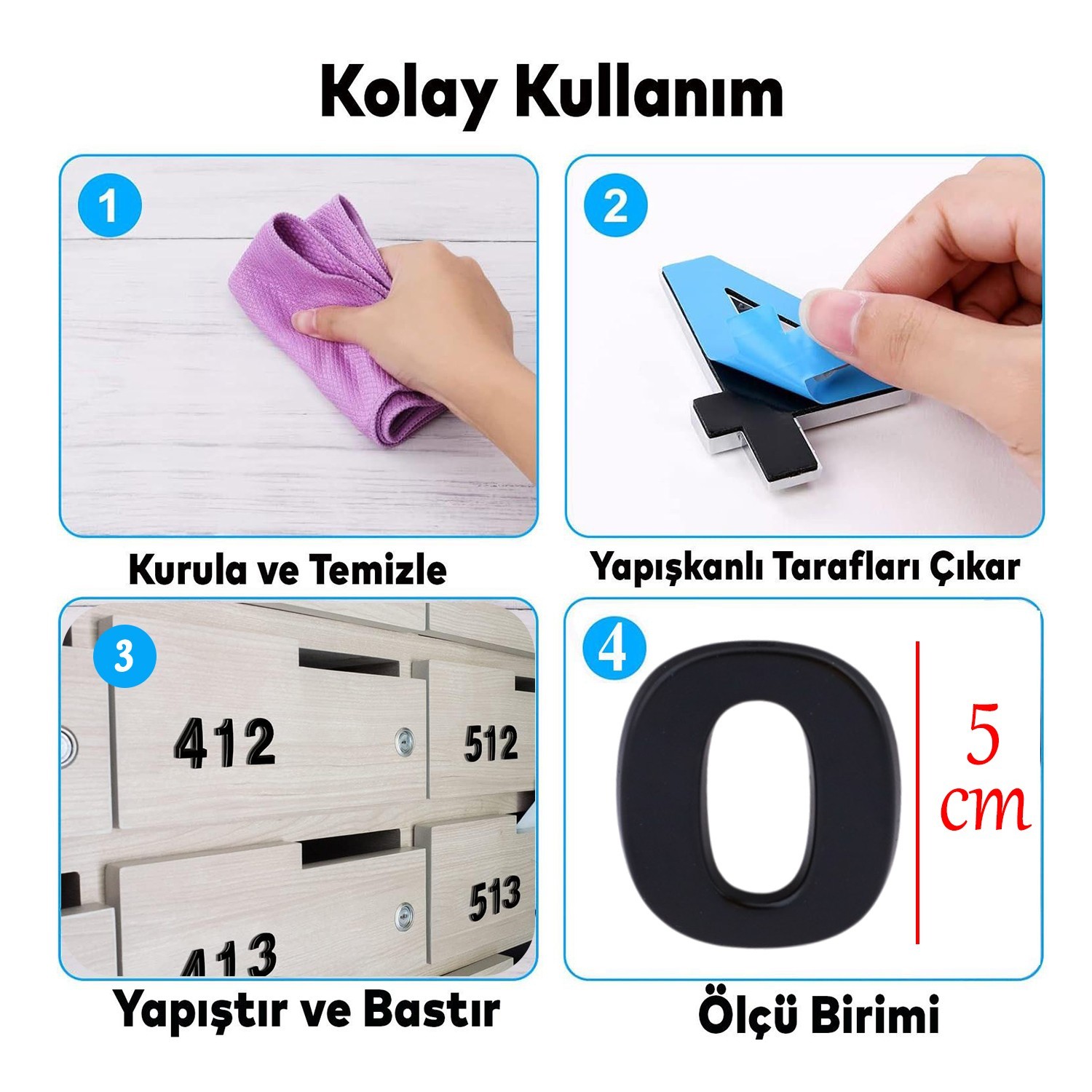 Yapışkanlı Kapı Numarası Küçük Boy 50 mm 5 cm Numara 0 Rakam Sıfır Sayı Siyah Renk Numaralar 1 Adet