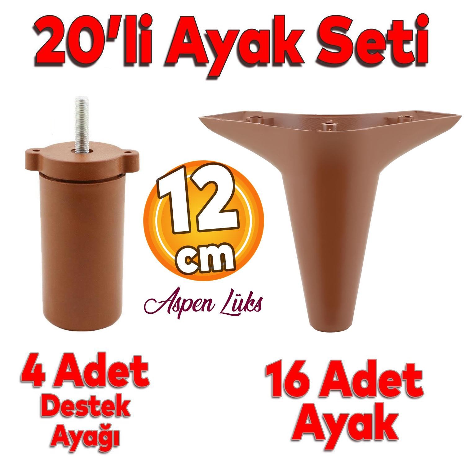 20'li Set Aspen Lüks Mobilya Kanepe Koltuk TV Ünitesi Yükseltici Destek Ayağı Ayakları 12 cm Kahve