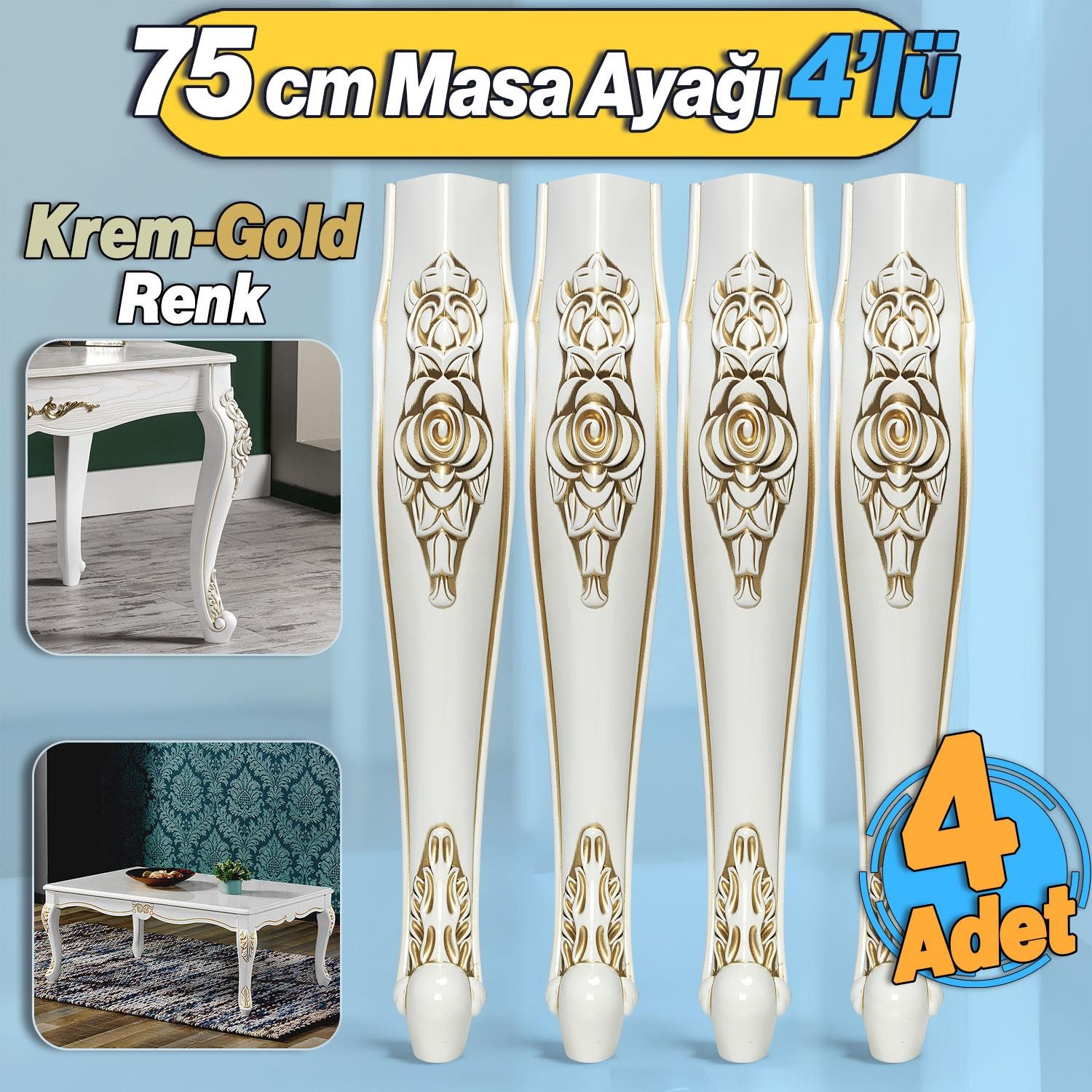 4 Adet Rosa Masa Dresuar Ayağı 75 cm Plastik Krem Altın Gold Mutfak Yemek Masası Mobilya Ayakları